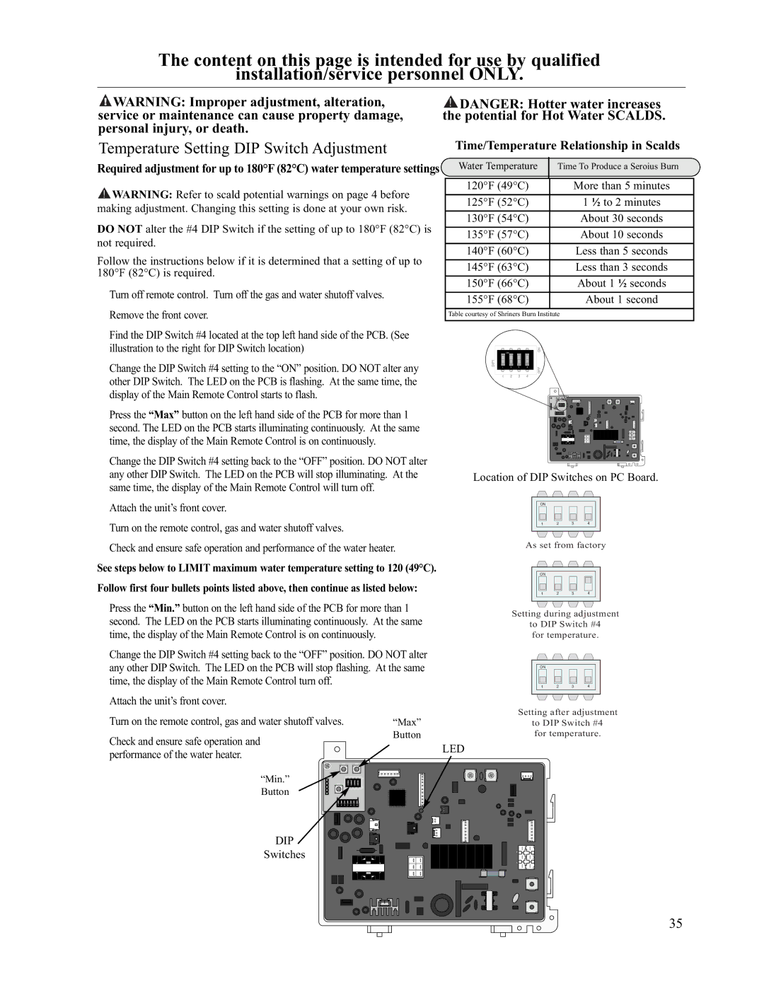 Rheem AP13731 warranty Temperature Setting DIP Switch Adjustment 