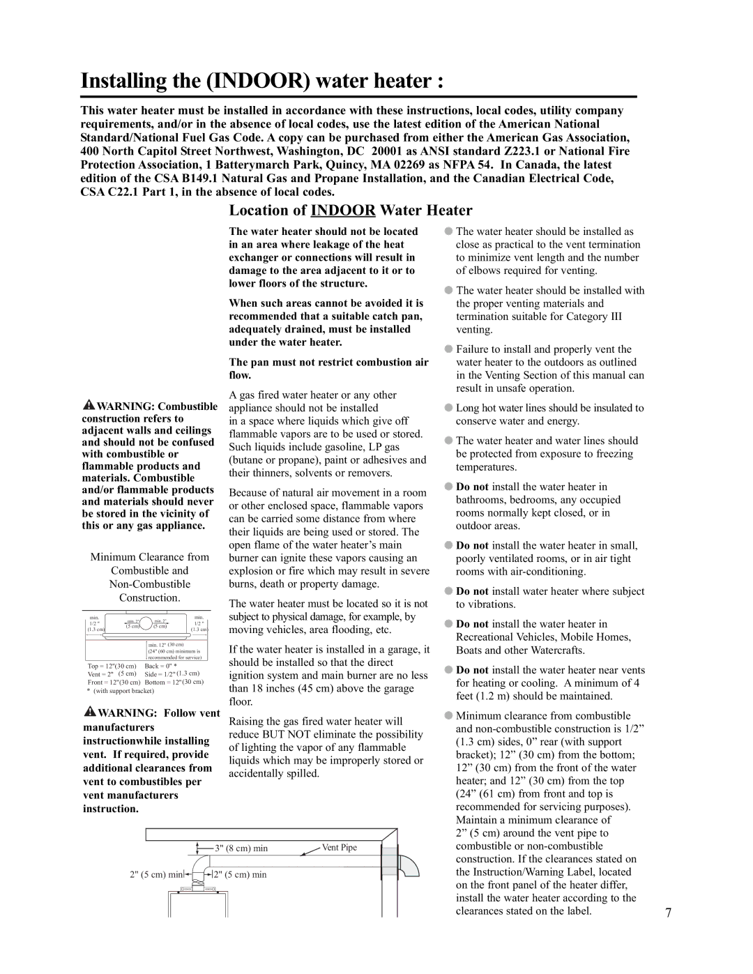 Rheem AP13731 warranty Installing the Indoor water heater, Location of Indoor Water Heater 