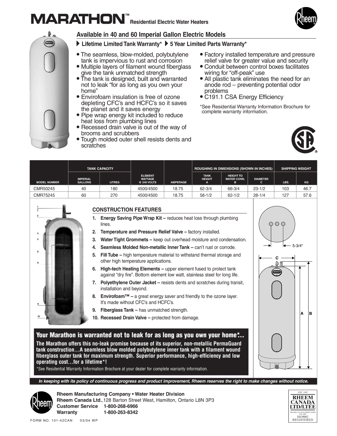 Rheem CMR75245 warranty Available in 40 and 60 Imperial Gallon Electric Models, Construction Features 