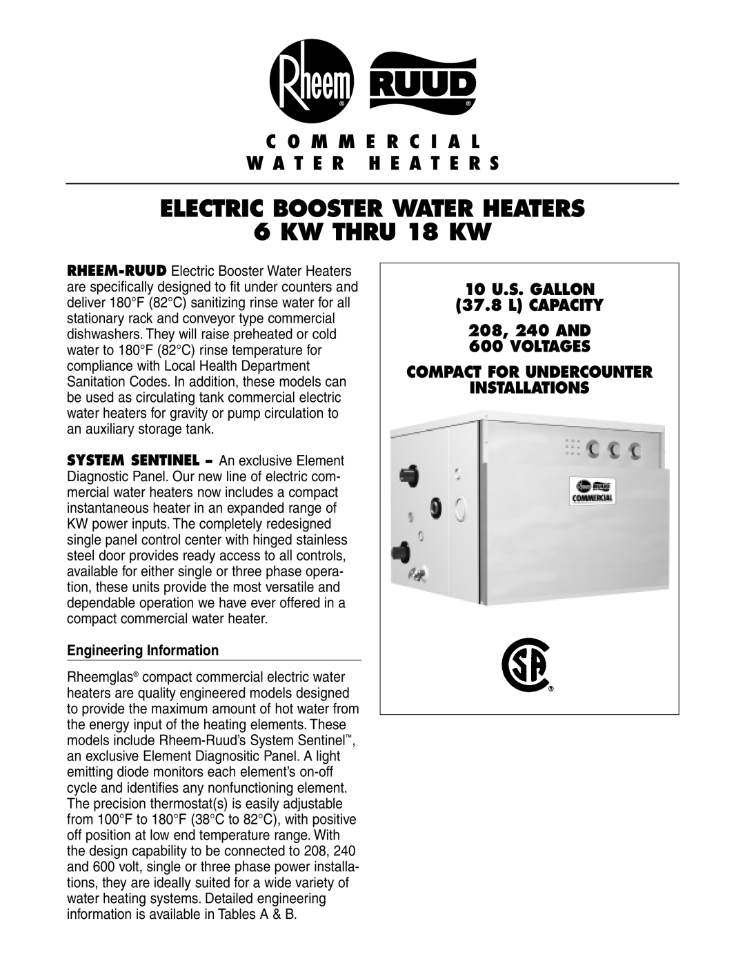 Rheem Commercial Booster manual Electric Booster Water Heaters KW Thru 18 KW, Engineering Information 