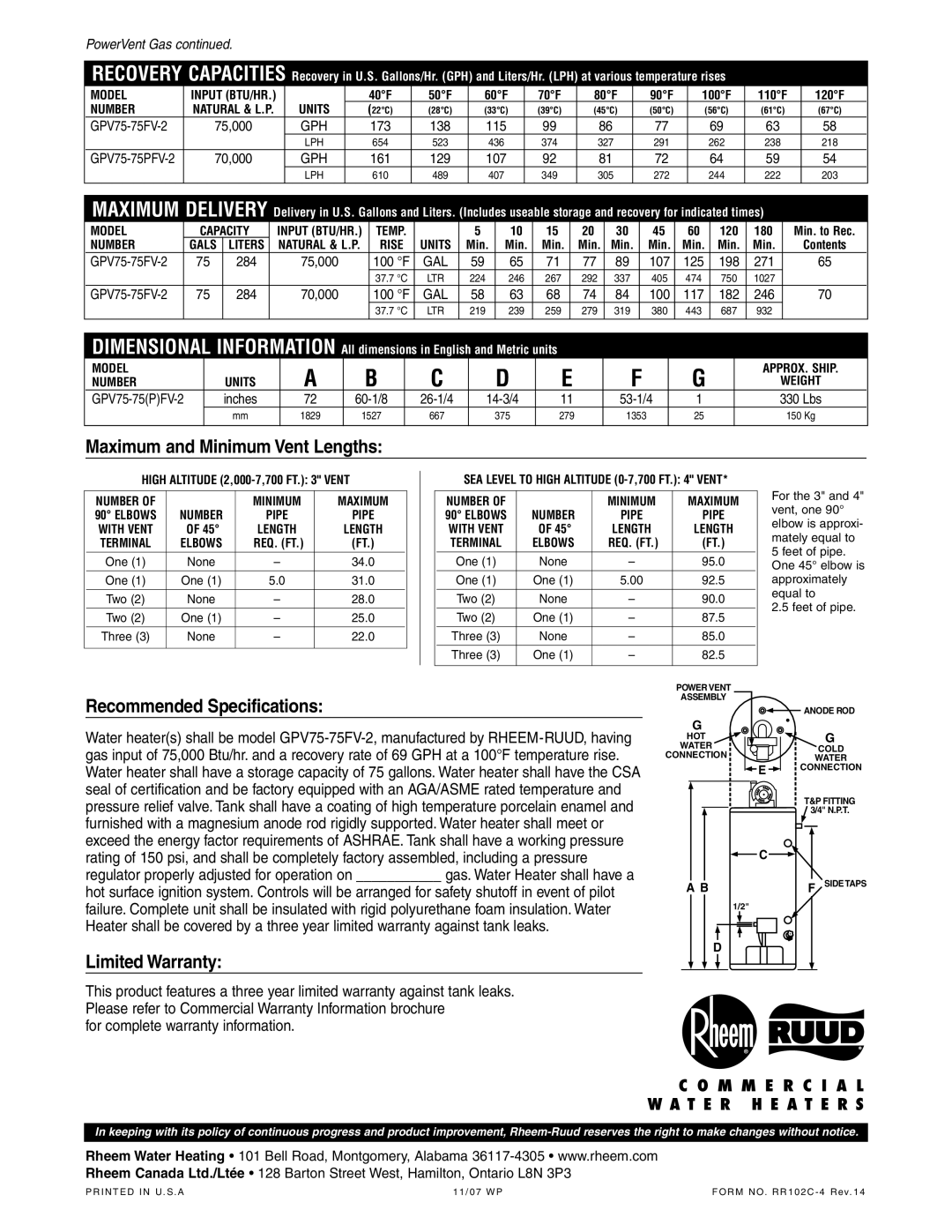 Rheem Commercial Gas Water Heater manual Maximum and Minimum Vent Lengths, Recommended Specifications 