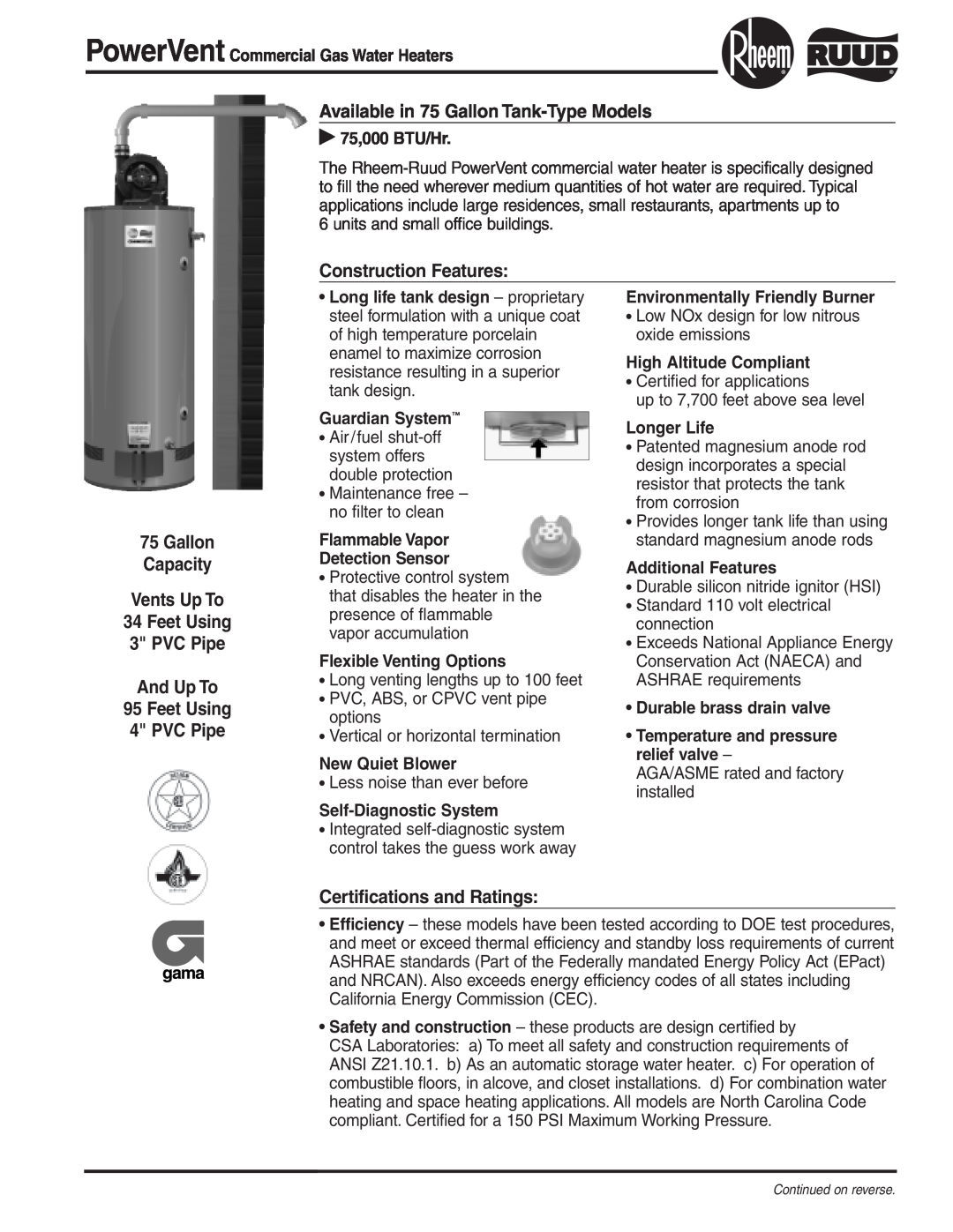Rheem Commercial Gas Water Heater manual Available in 75 GallonTank-Type Models, Construction Features 