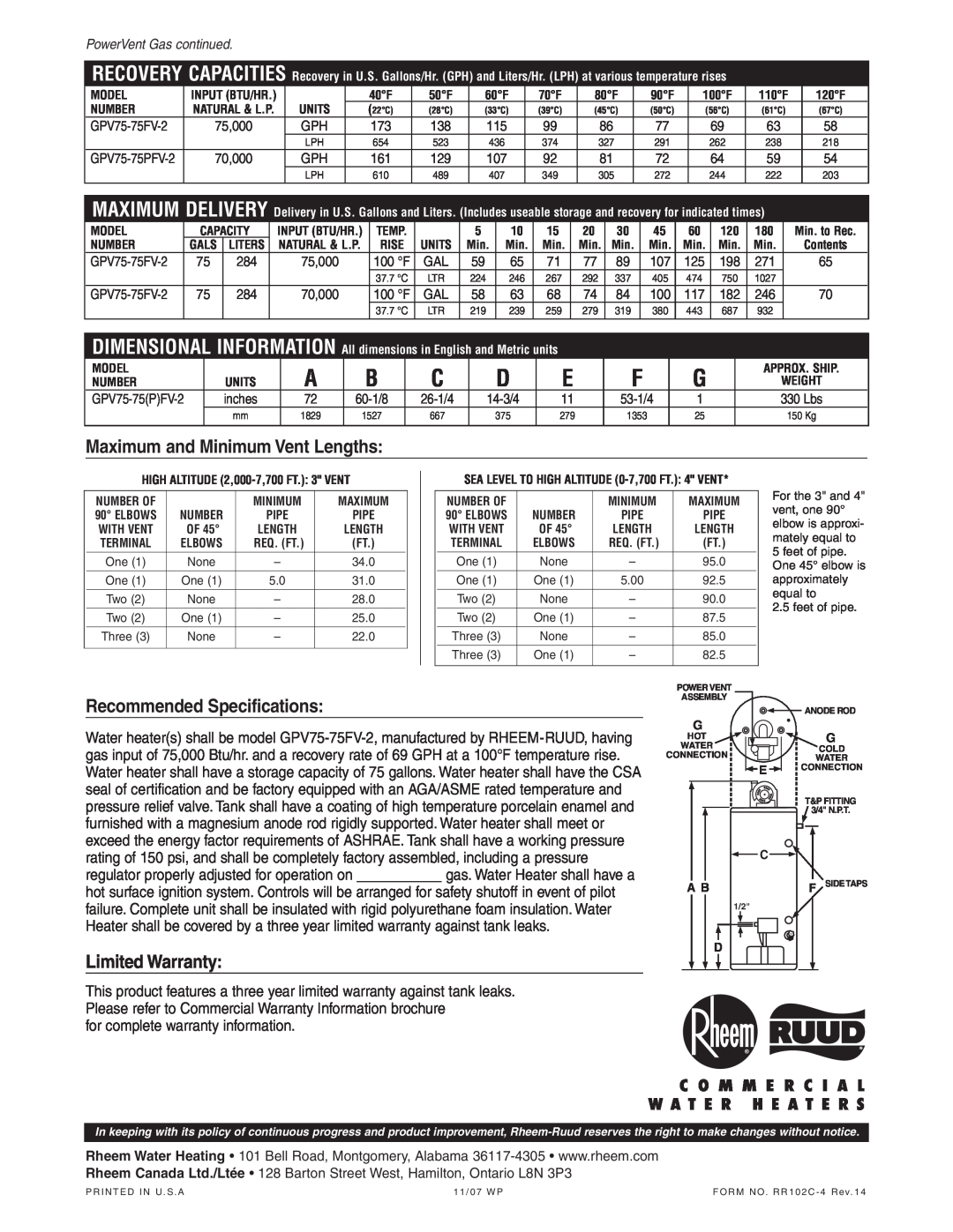 Rheem Commercial Gas Water Heater manual Maximum and Minimum Vent Lengths, Recommended Specifications, Limited Warranty 