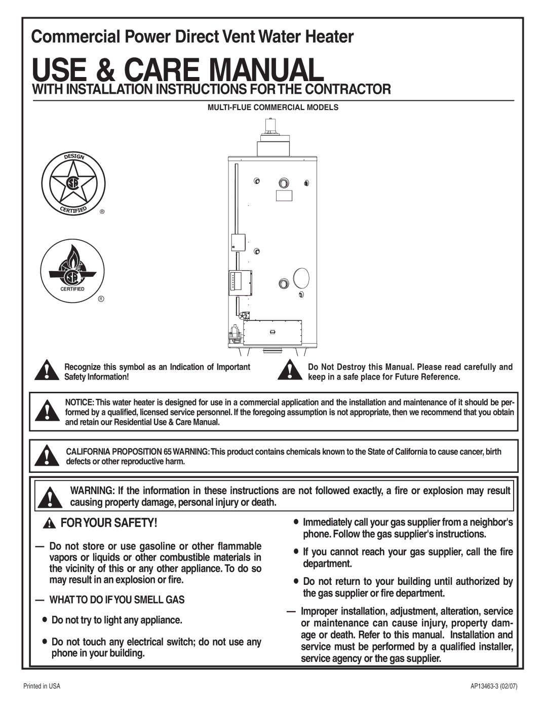 Rheem Commercial Power Direct Vent Water heater installation instructions USE & Care Manual 