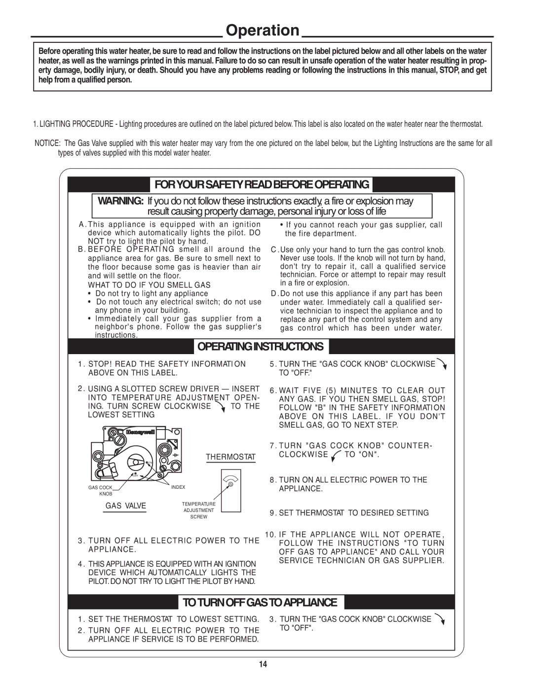 Rheem Commercial Power Direct Vent Water heater installation instructions Operation, Foryoursafetyreadbeforeoperating 
