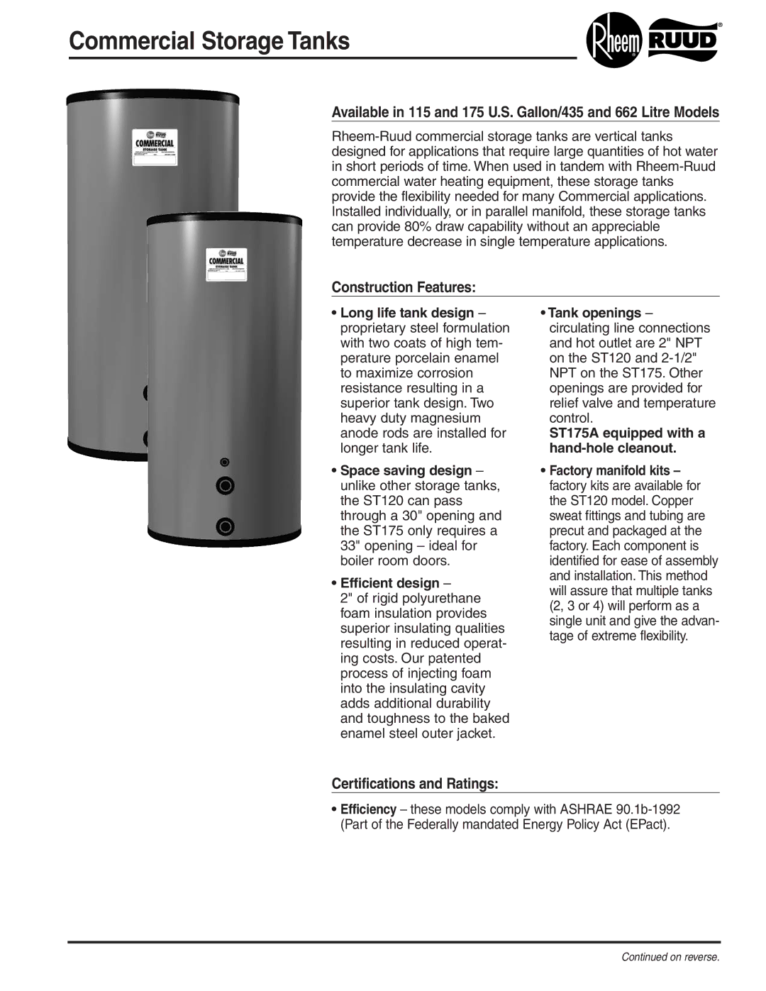 Rheem Commercial StorageTanks manual Construction Features, Certifications and Ratings 