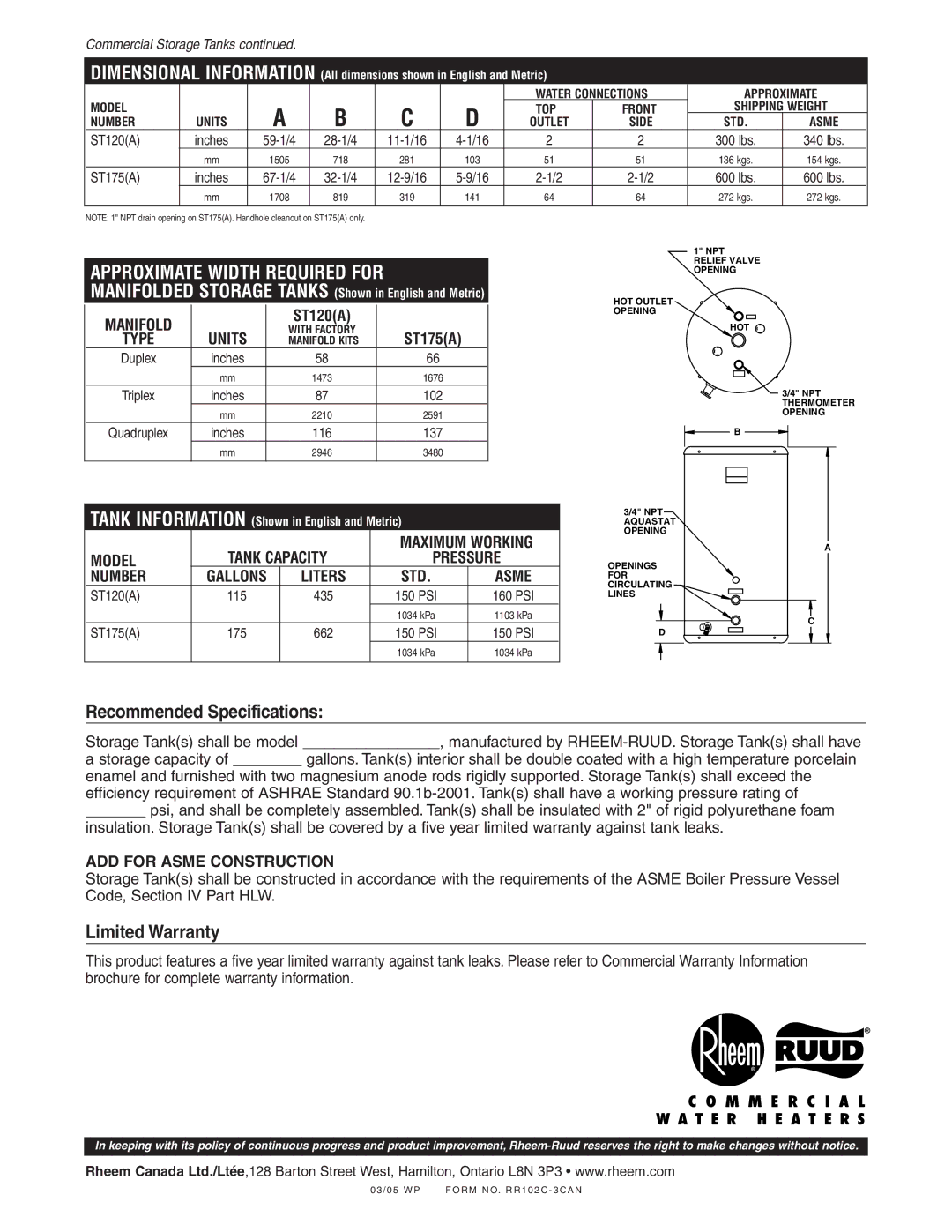 Rheem Commercial StorageTanks manual Recommended Specifications, Limited Warranty 