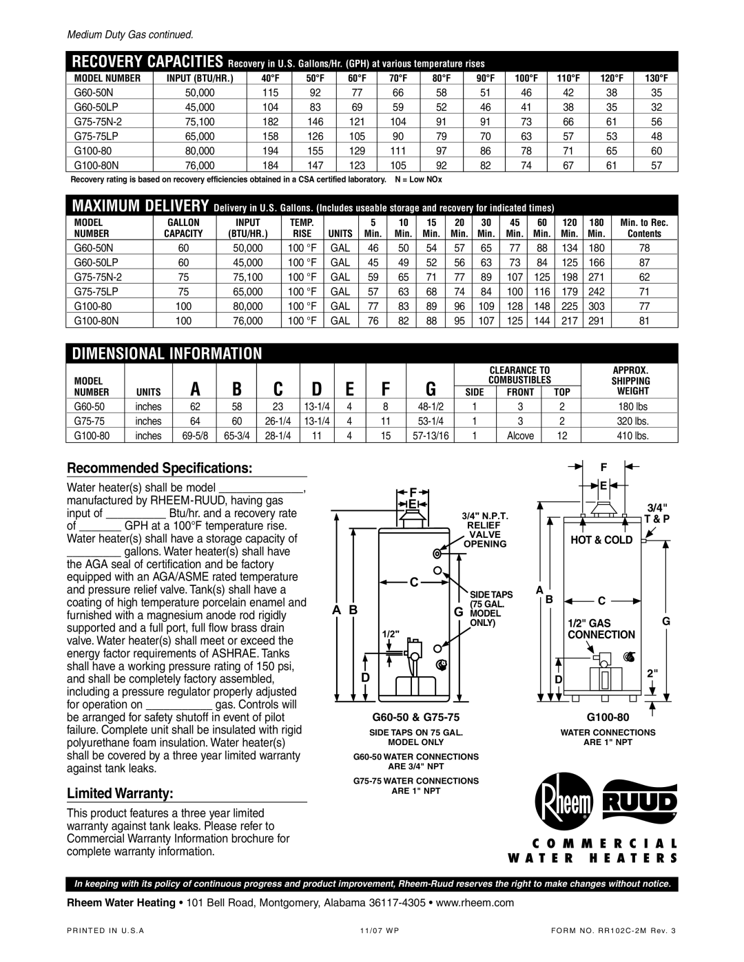 Rheem Commercial Water Heaters manual Recommended Specifications, Limited Warranty 