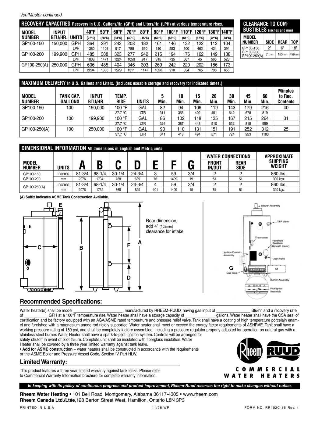 Rheem Direct Vent Gas Commercial Water Heater manual Recommended Specifications, Limited Warranty 