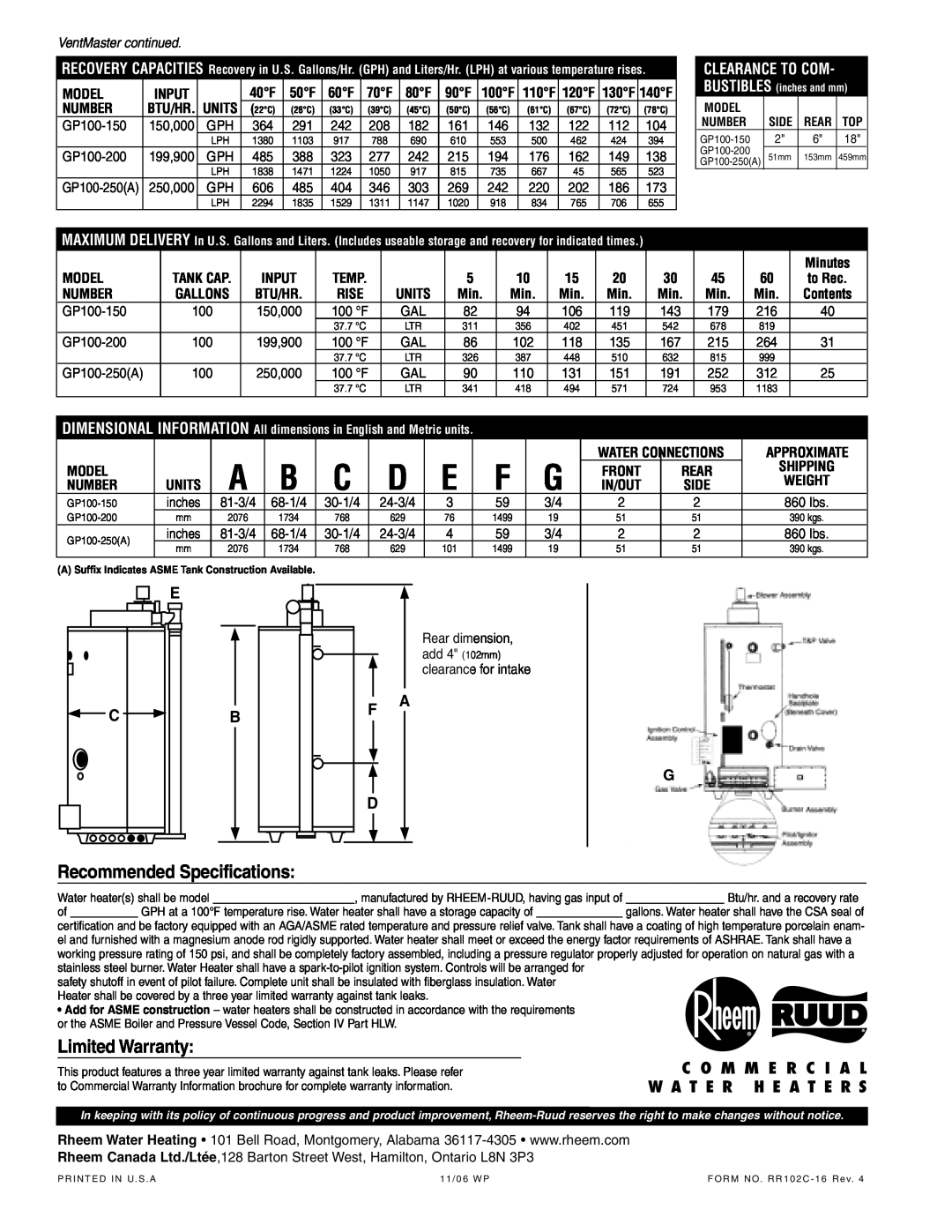 Rheem Direct Vent Gas Commercial Water Heater Recommended Specifications, Limited Warranty, F A D, Clearance To Com, Model 
