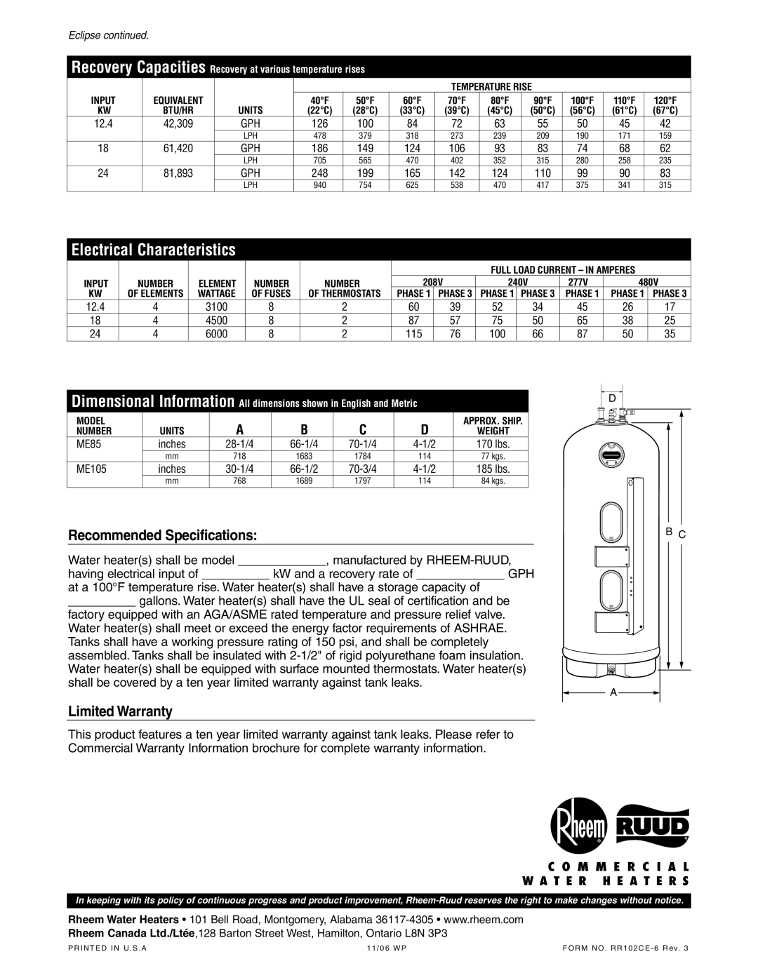 Rheem Electric Commercial Water Heater Recommended Specifications, Limited Warranty, Temperature Rise Input, Number, Model 