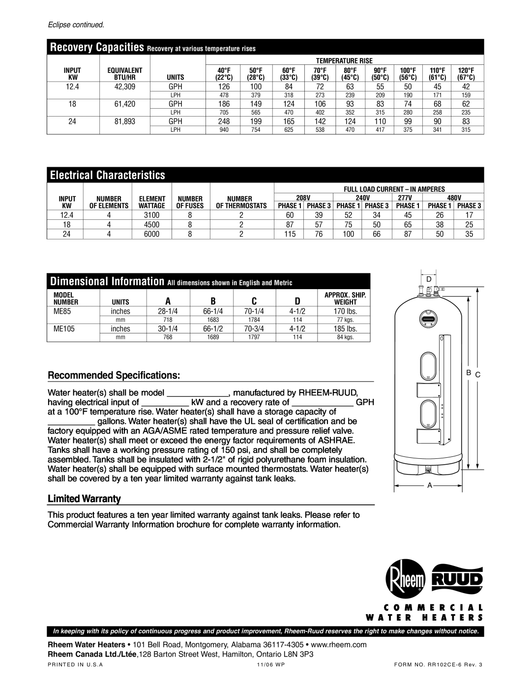 Rheem Electric Commercial Water Heater warranty Recommended Specifications, Limited Warranty, Electrical Characteristics 