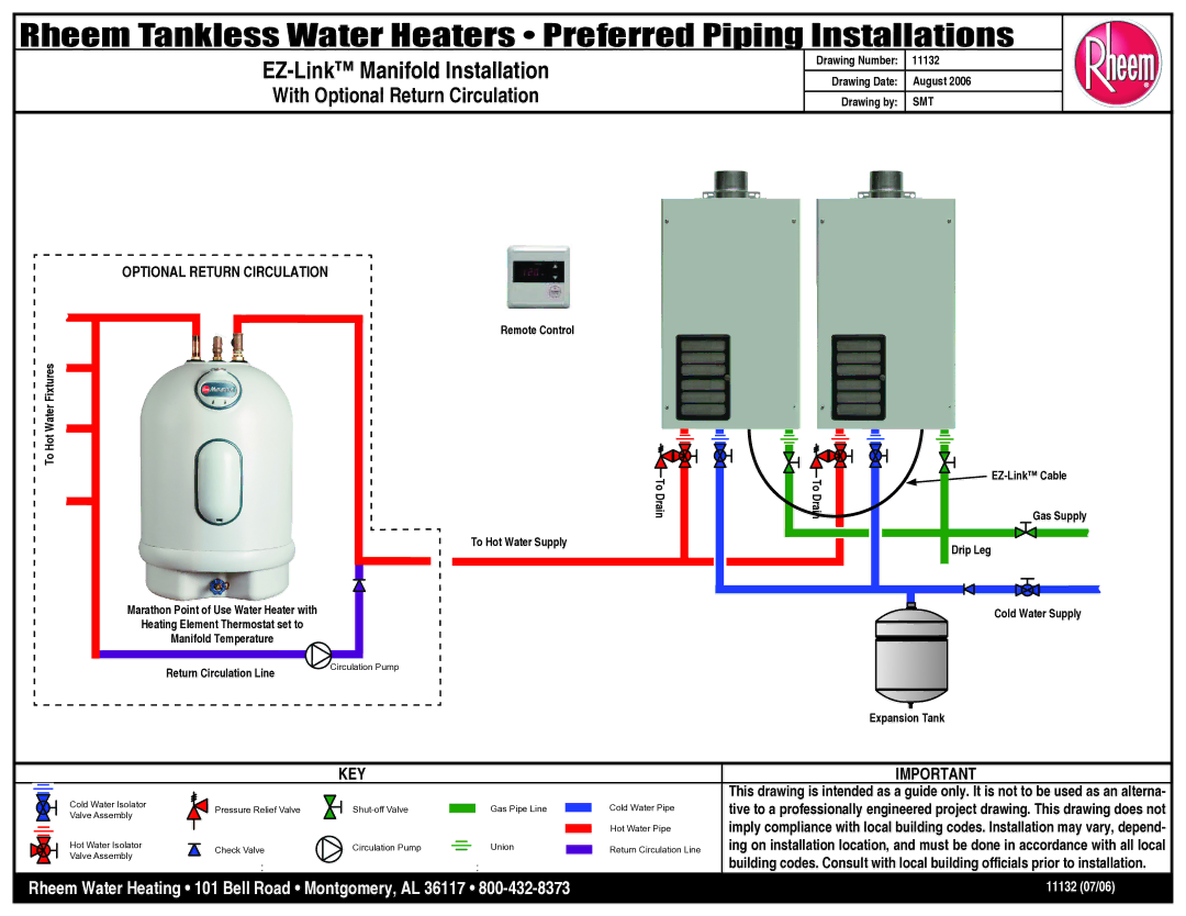 Rheem manual Rheem Tankless Water Heaters Preferred Piping Installations, EZ-Link Manifold Installation, Key 