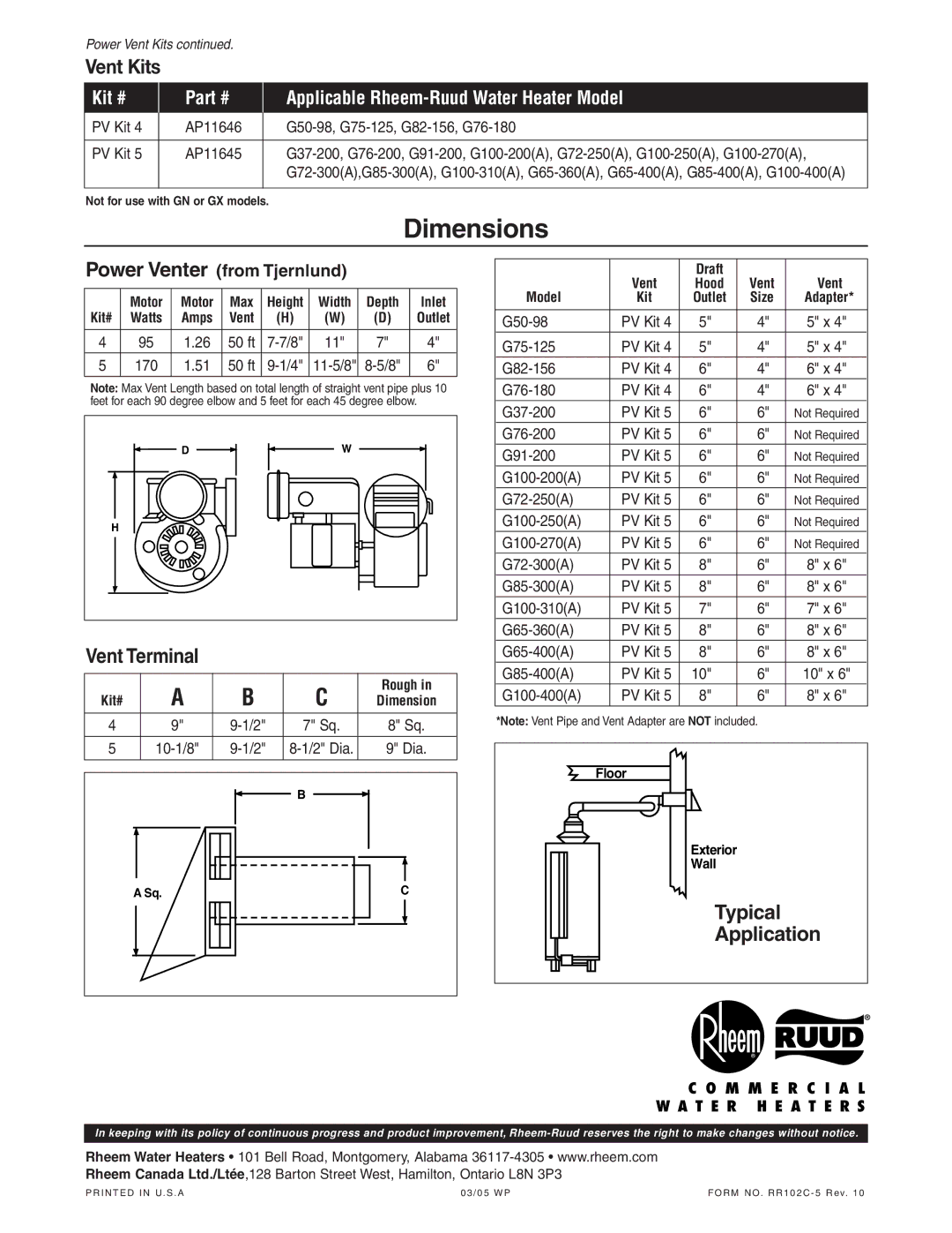 Rheem G82-156 Dimensions, Vent Kits, Vent Terminal, Typical Application, Kit # Applicable Rheem-Ruud Water Heater Model 