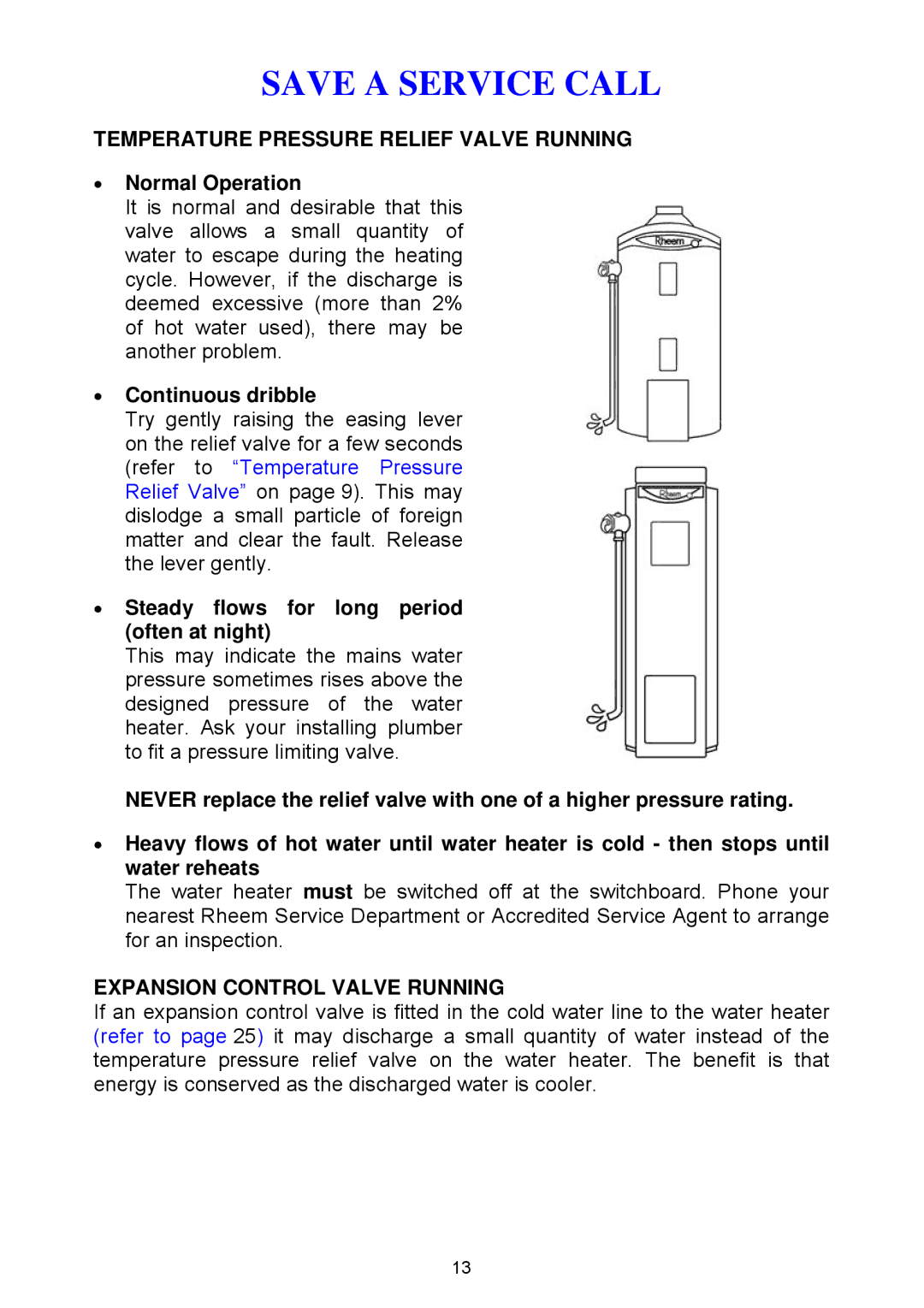 Rheem Gas Heavy Duty Water Heater Models 265 Litre and 275 Litre Temperature Pressure Relief Valve Running 