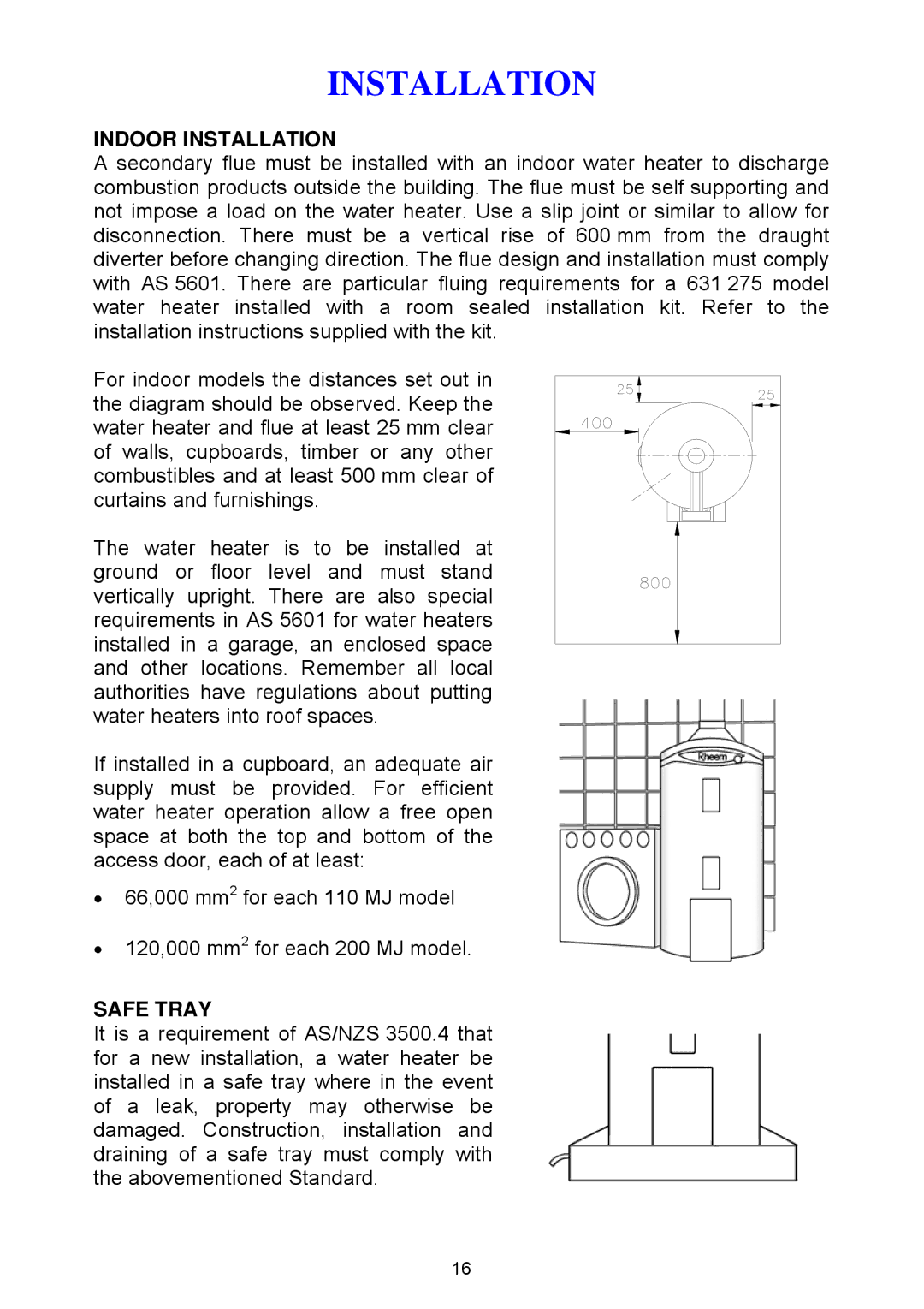 Rheem Gas Heavy Duty Water Heater Models 265 Litre and 275 Litre installation instructions Indoor Installation, Safe Tray 