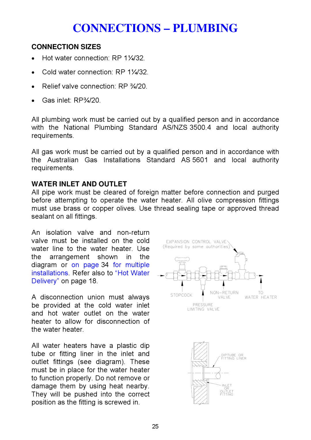 Rheem Gas Heavy Duty Water Heater Models 265 Litre and 275 Litre Connections Plumbing, Connection Sizes 