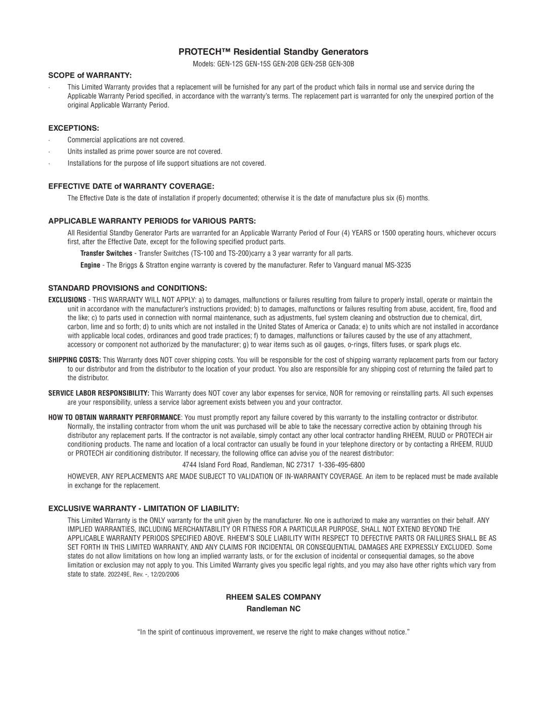 Rheem GEN-30B warranty Protech Residential Standby Generators, Exceptions, Exclusive Warranty Limitation of Liability 