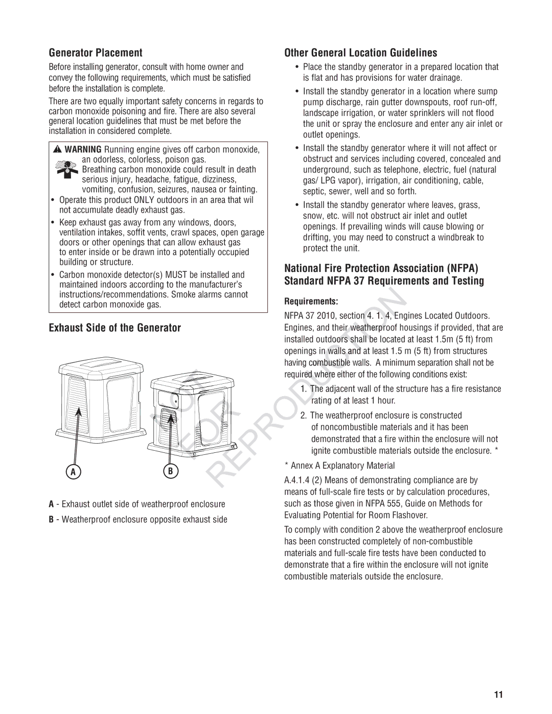 Rheem Generator Systems, GEN12AD-V Generator Placement, National Fire Protection Association Nfpa, Requirements 