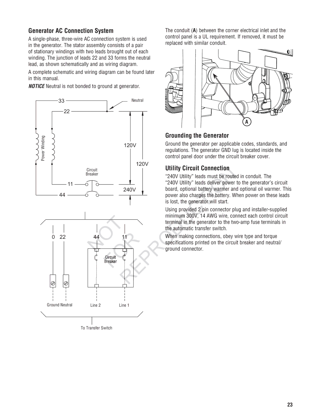 Rheem Generator Systems, GEN12AD-V Generator AC Connection System, Grounding the Generator, Utility Circuit Connectio 