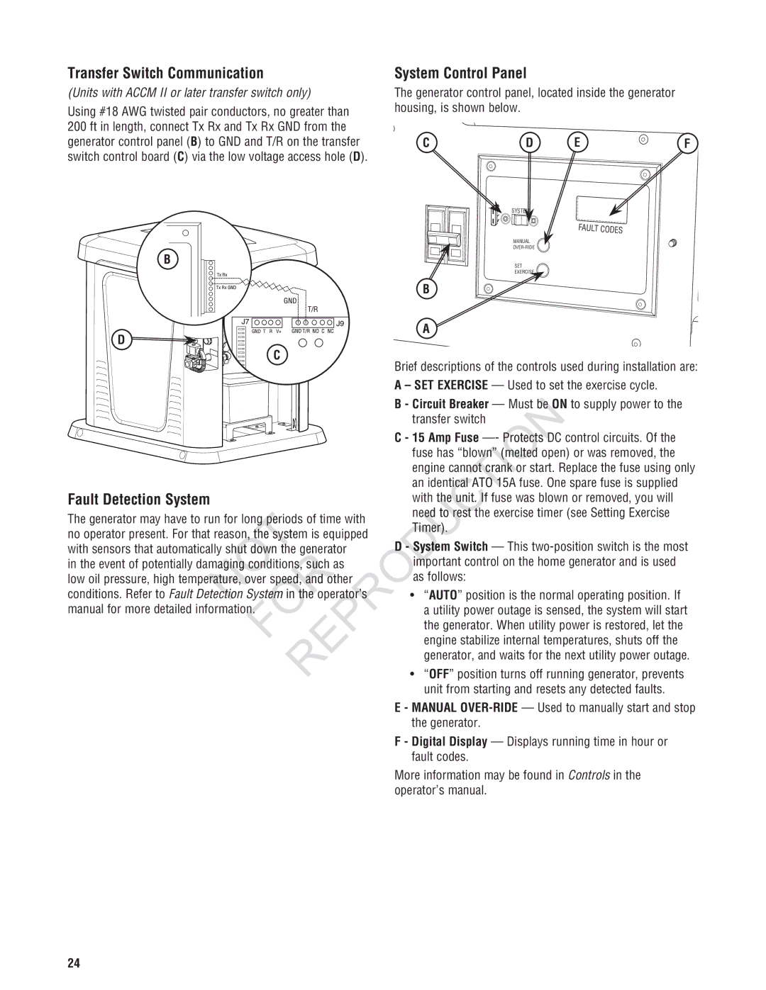 Rheem GEN12AD-V Reprodu Not, Transfer Switch Communication, Fault Detection System, System Control Panel 