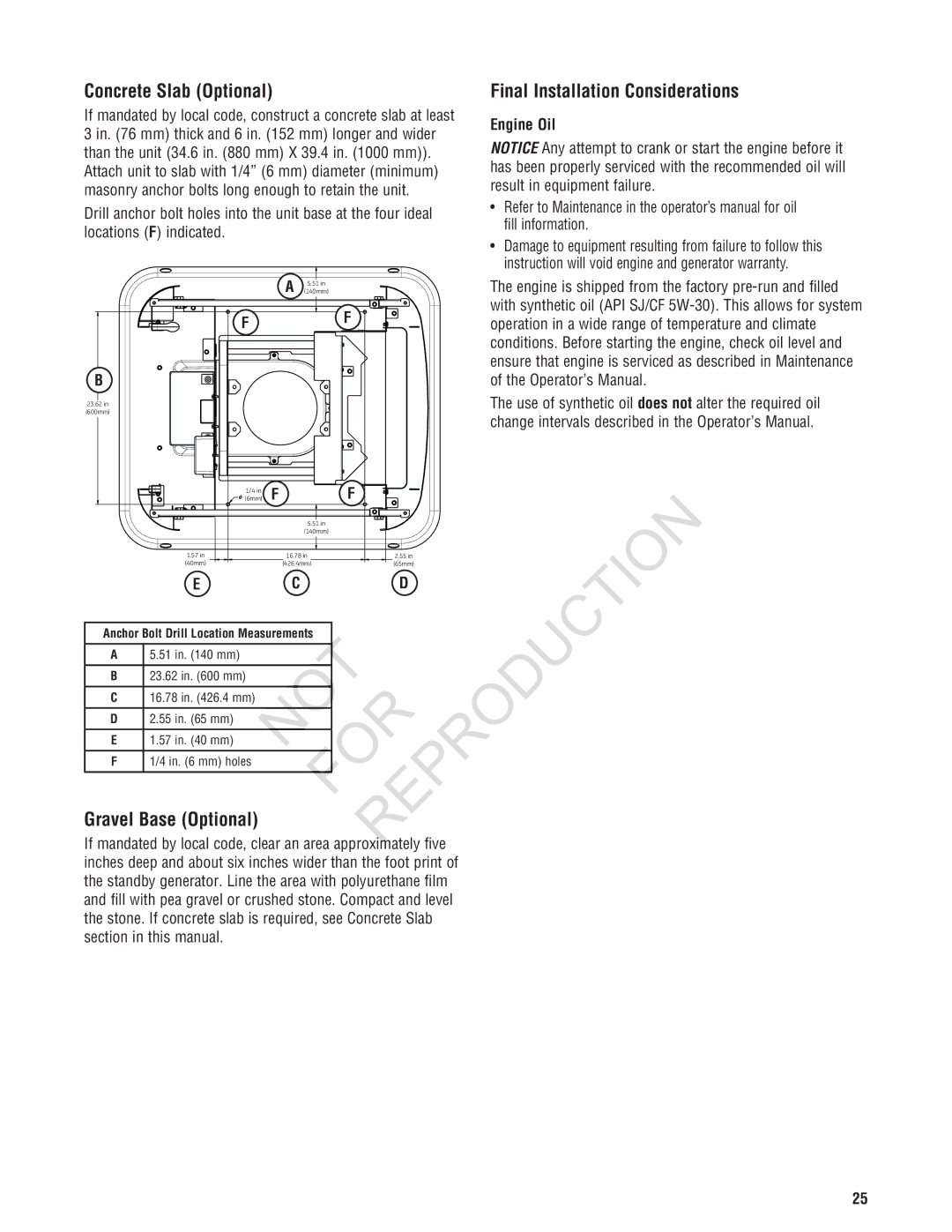 Rheem Generator Systems, GEN12AD-V installation manual Concrete Slab Optional, Final Installation Considerations, Engine Oil 