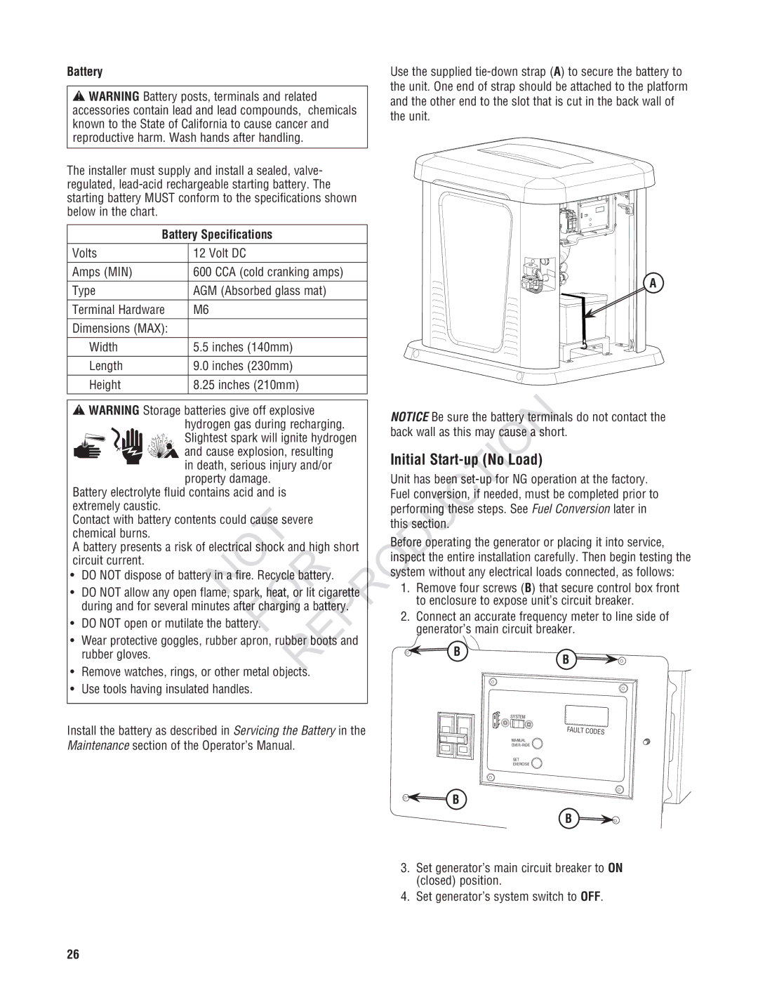 Rheem GEN12AD-V, Generator Systems installation manual Roduction, Initial Start Up No Lo, Battery Specifications 