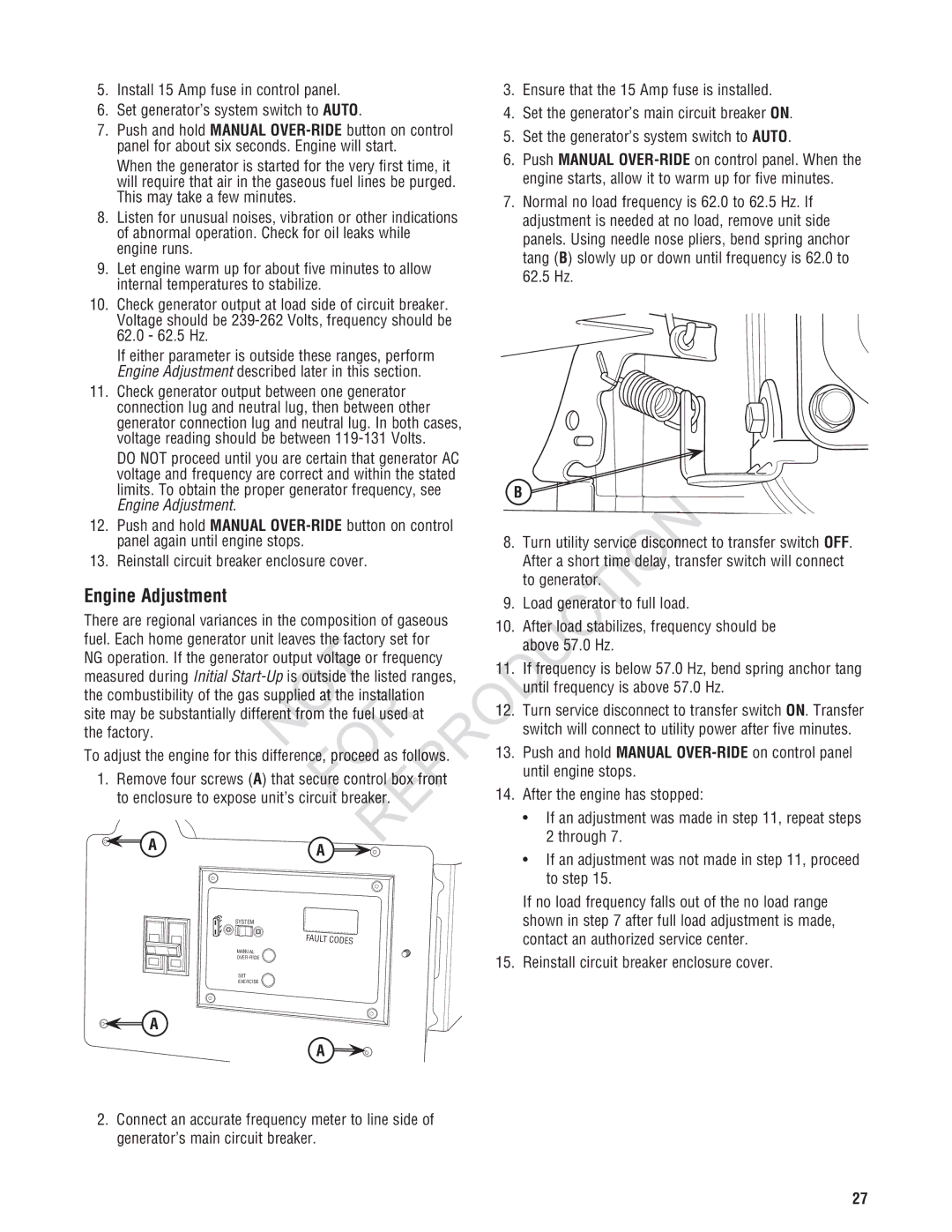 Rheem Generator Systems, GEN12AD-V installation manual Engine Adjustment 