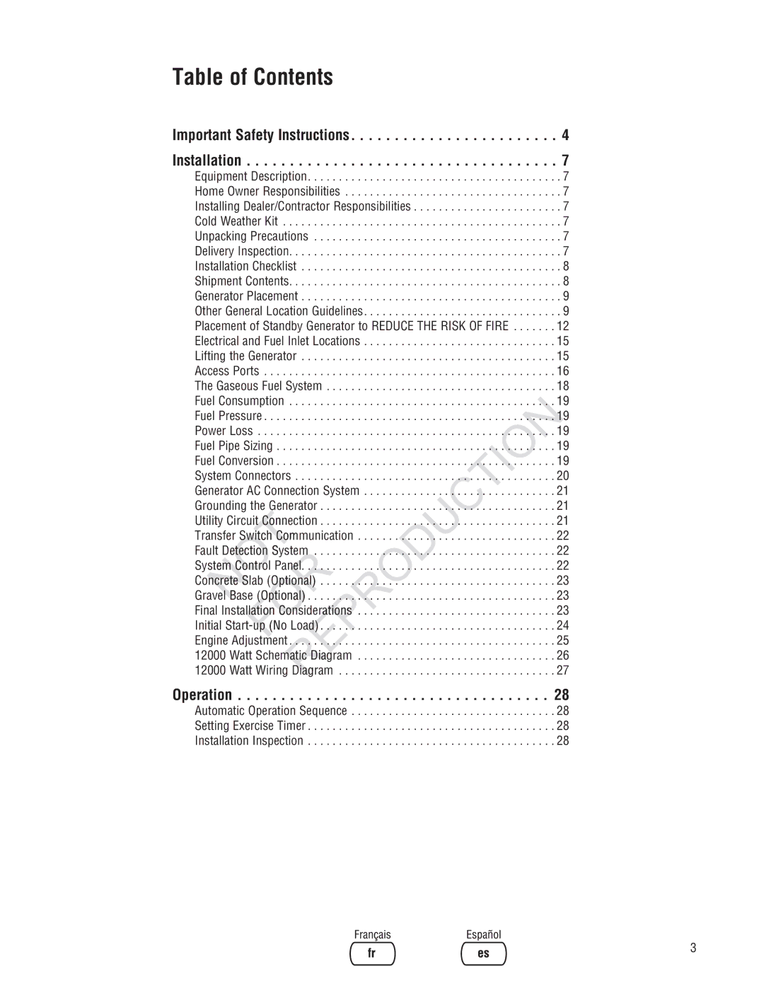 Rheem Generator Systems, GEN12AD-V installation manual Not, Table of Contents 