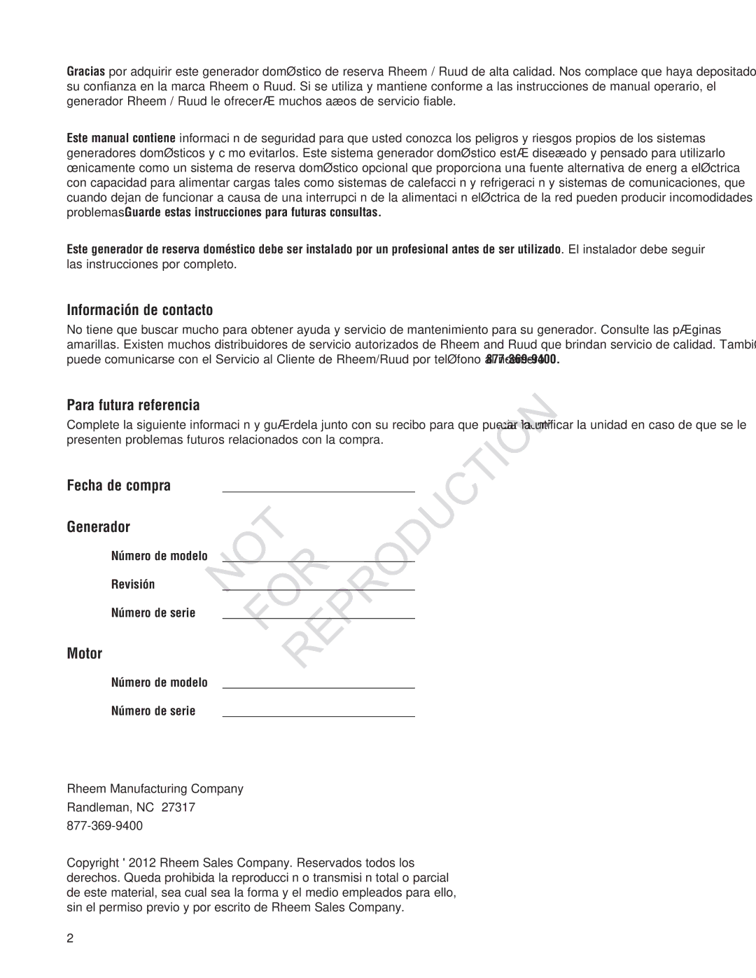 Rheem GEN12AD-V, Generator Systems Información de contacto, Para futura referencia, Fecha de compra Generador, Motor 