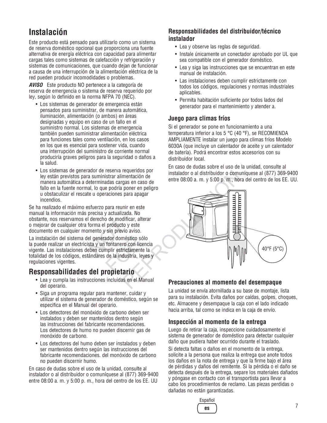 Rheem Generator Systems, GEN12AD-V Responsabilidades del distribuidor/técnico instalador, Juego para climas fríos, Eta 