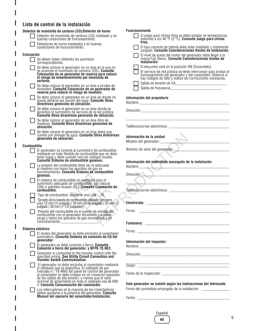 Rheem Generator Systems, GEN12AD-V installation manual Lista de control de la instalación 