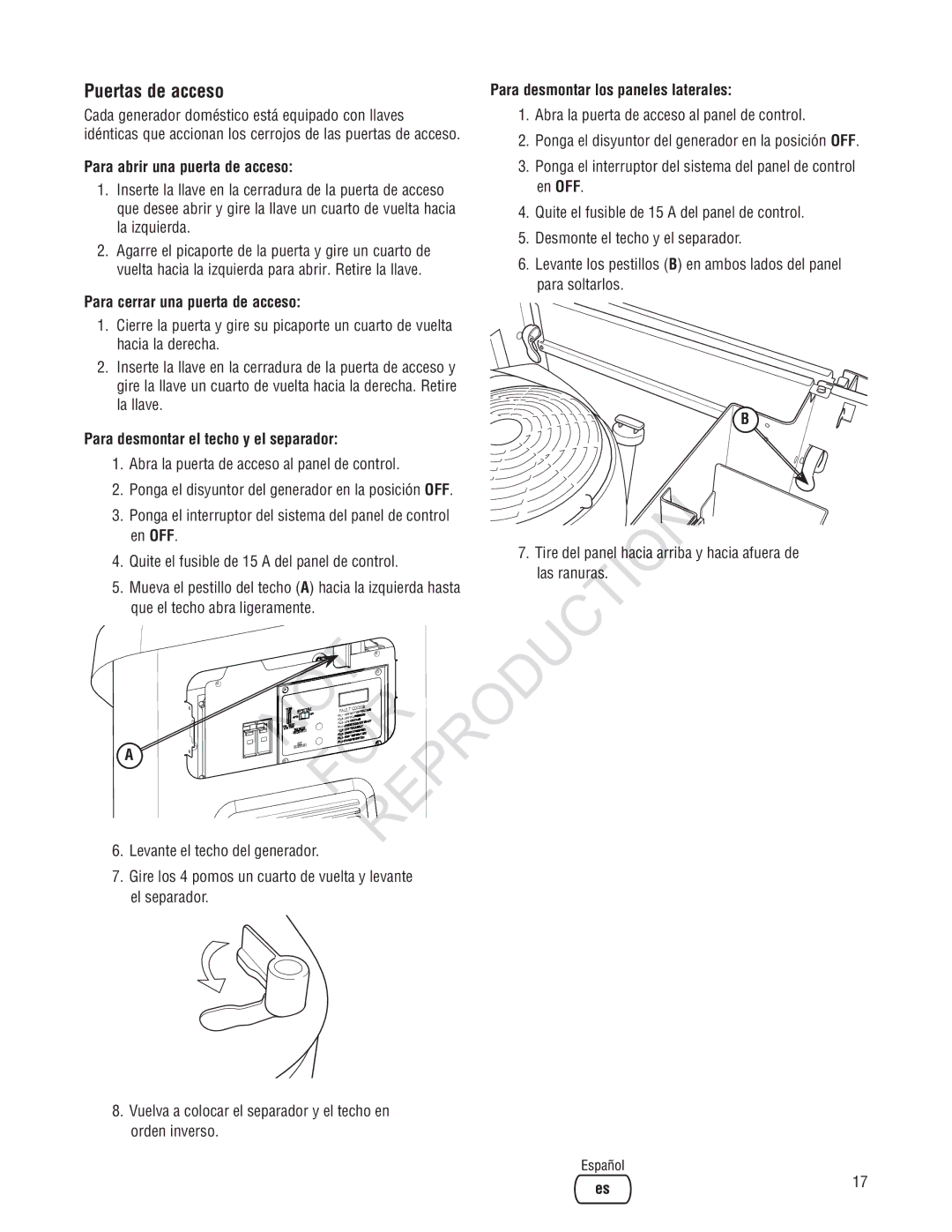 Rheem Generator Systems Reproductio, Puertas de acceso, Para abrir una puerta de acceso, Para cerrar una puerta de acceso 