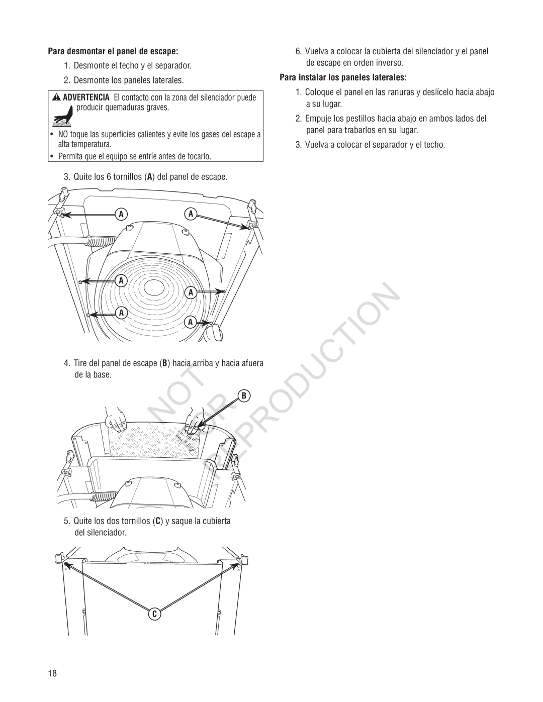 Rheem GEN12AD-V Production, Para desmontar el panel de escape, Para instalar los paneles laterales, De la base 