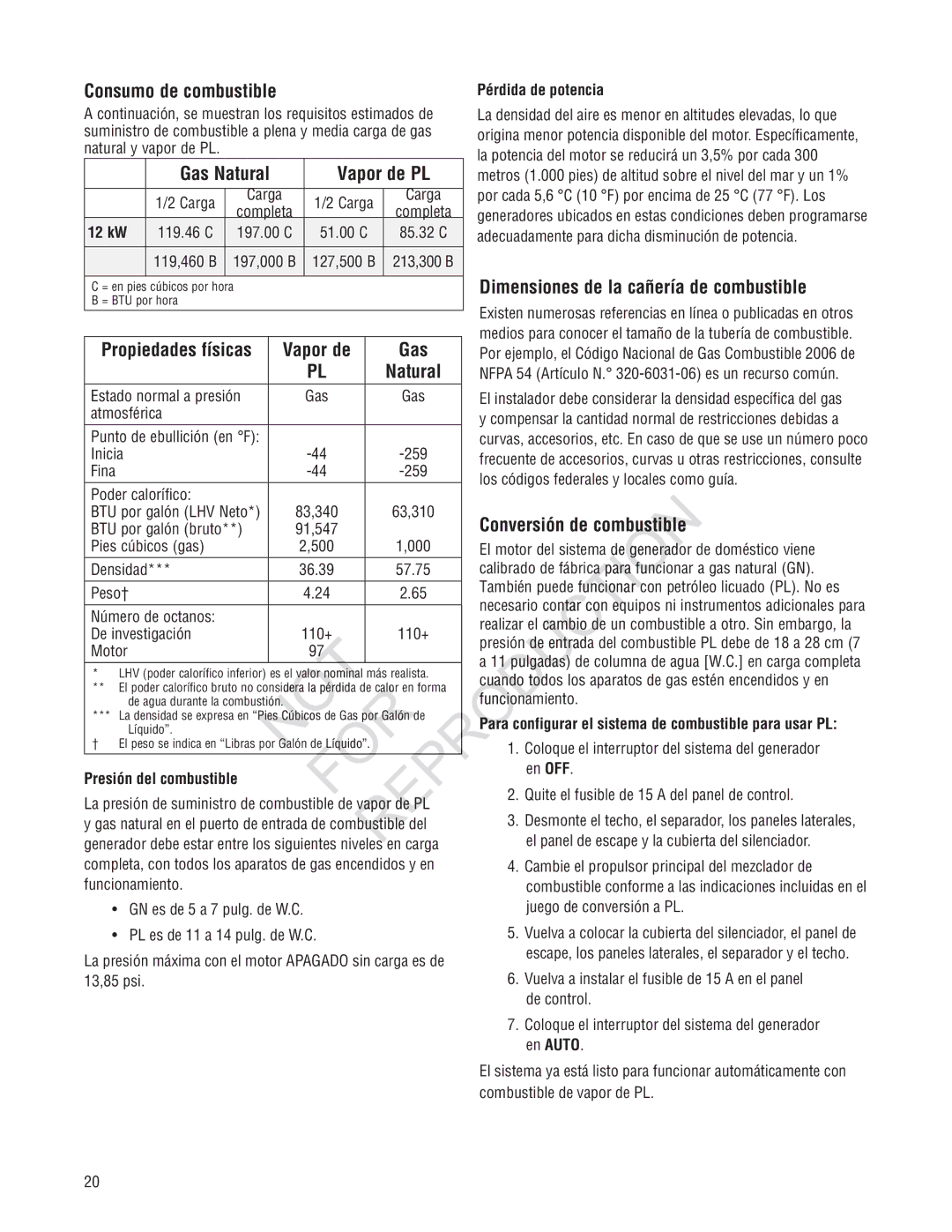 Rheem GEN12AD-V Gas Natural, Dimensiones de la cañería de combustible, Conversión de, Consumo de combustible 