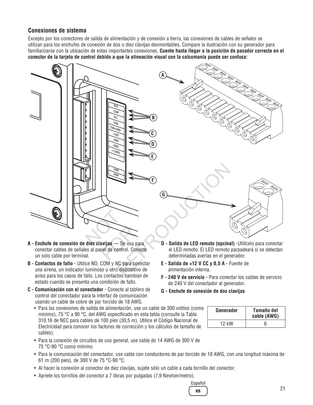 Rheem Generator Systems, GEN12AD-V Conexiones de sistema, Salida de +12 V CC y 0,5 a Fuente de, 75 C-90 C como mínimo 