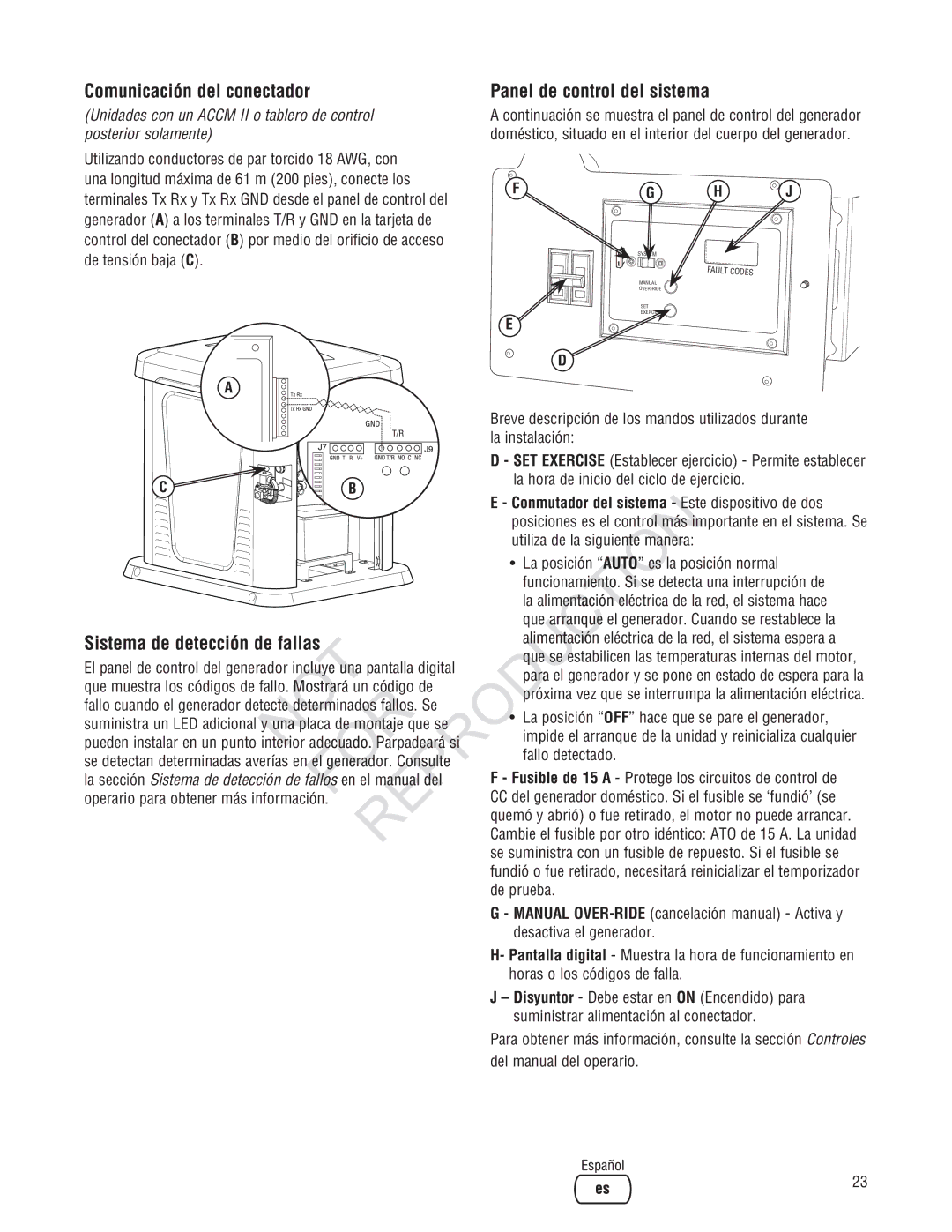 Rheem Generator Systems, GEN12AD-V installation manual Comunicación del conectador, Sistema de detección de fallas 