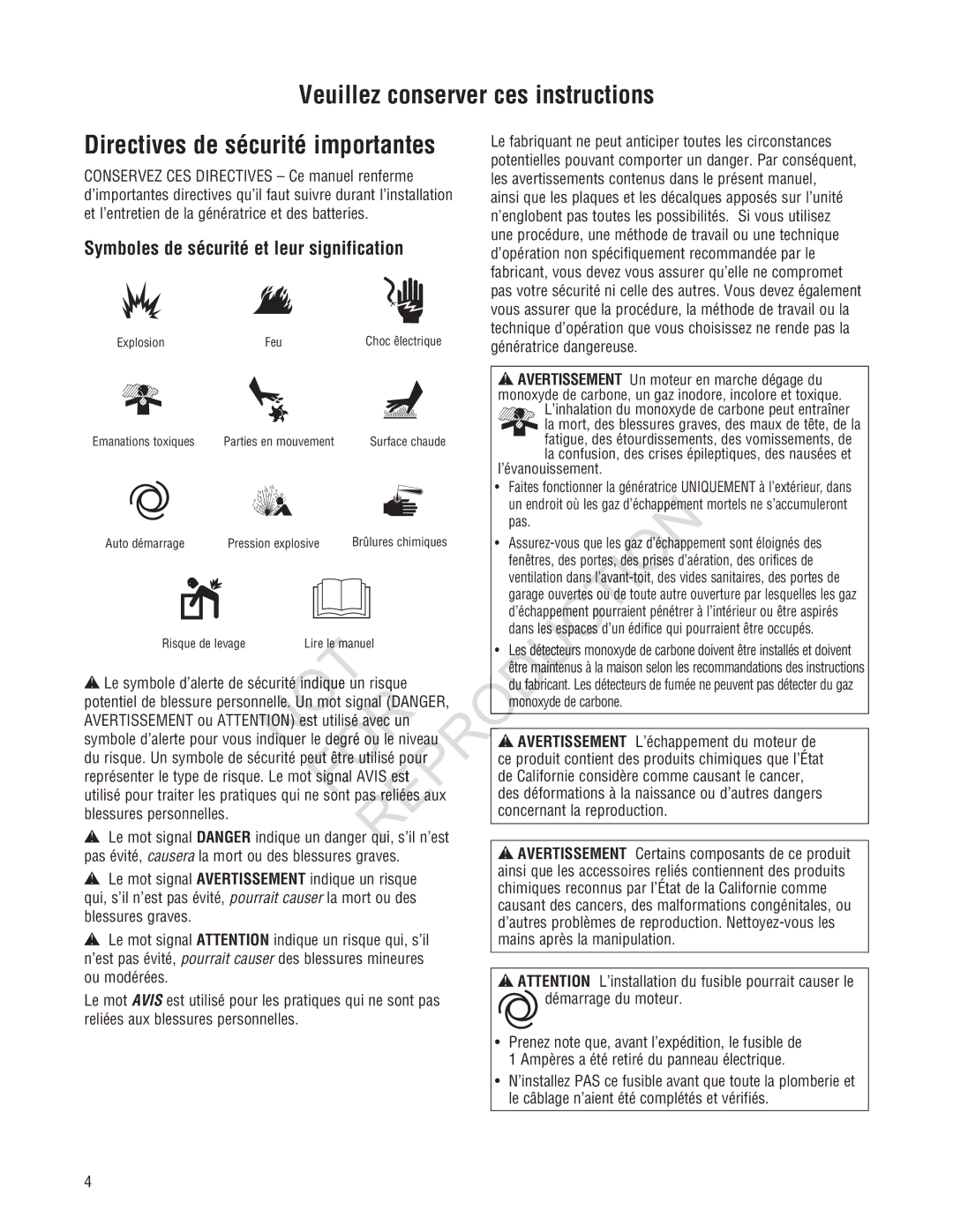 Rheem GEN12AD-V, Generator Systems installation manual Symboles de sécurité et leur signification 