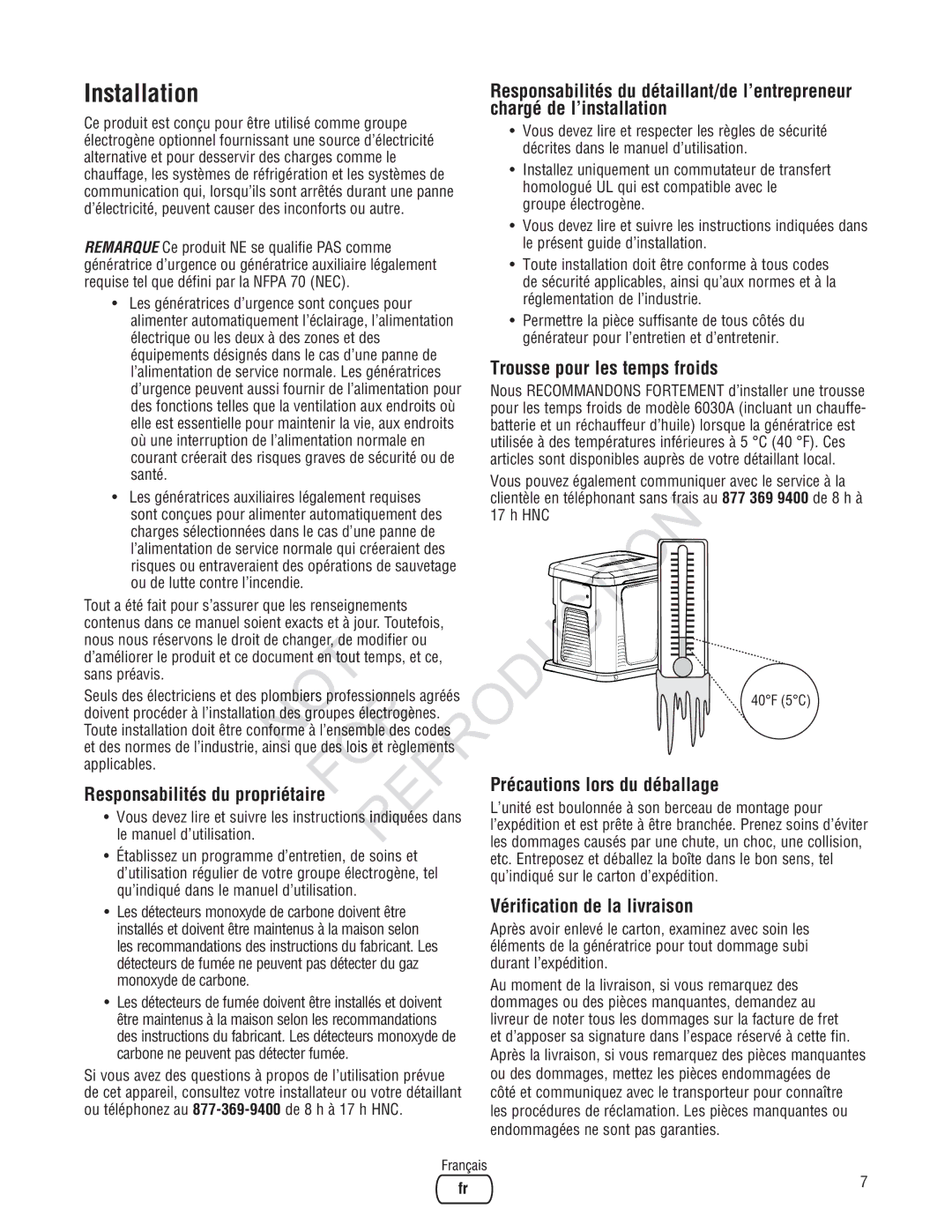 Rheem Generator Systems Reproduti, Chargé de l’installation, Vérification de la livraison, Trousse pour les temps froids 