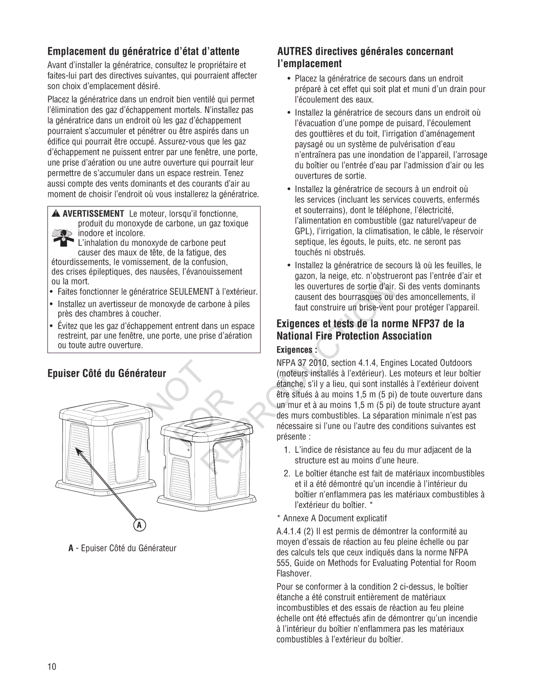 Rheem GEN12AD-V Rerod, ’emplacement, Exigences et tests de la norme NFP37 de la, National Fire Prot Tion Association 