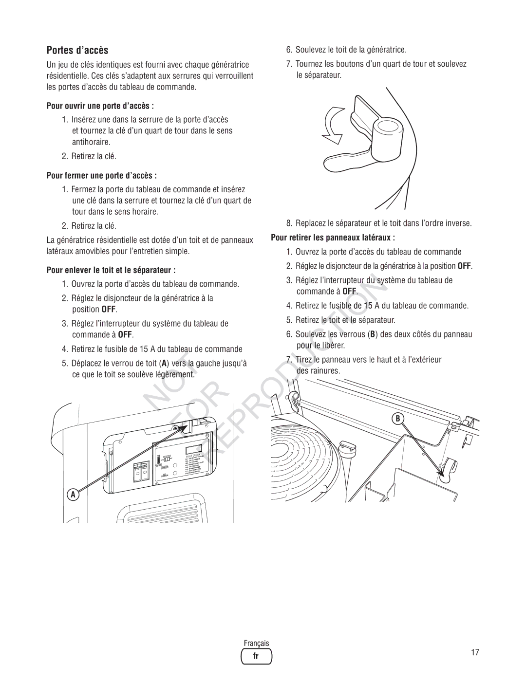 Rheem Generator Systems, GEN12AD-V Pour enlever le toit et le séparateur, Réglez l’interrupte ur du système du tableau de 