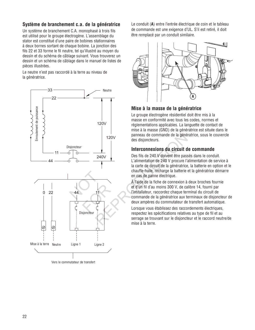 Rheem GEN12AD-V, Generator Systems installation manual Mise à la masse de la génératrice, Interconnexion Du circ De commande 