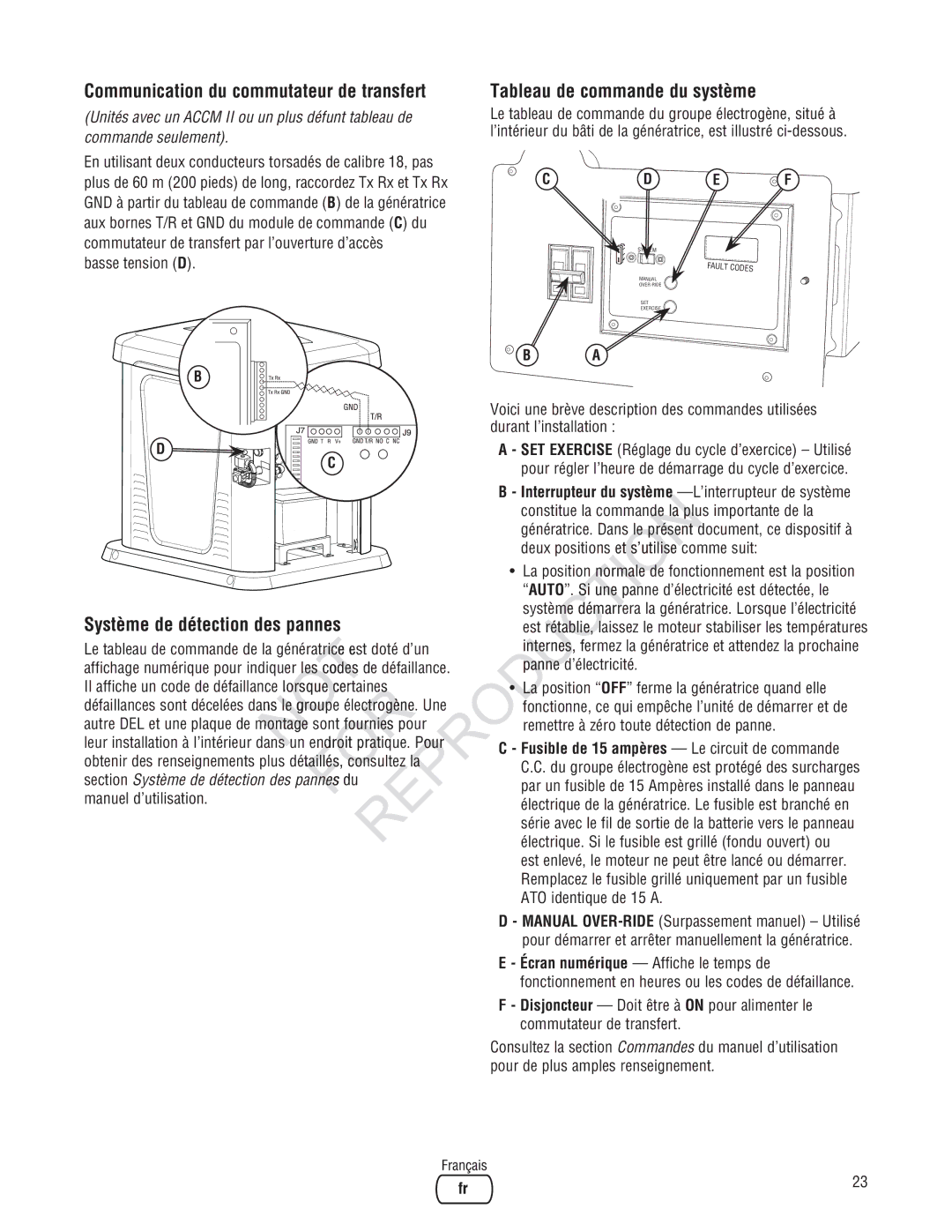 Rheem Generator Systems, GEN12AD-V Reprodu, Communication du commutateur de transfert, Tableau de commande du système 