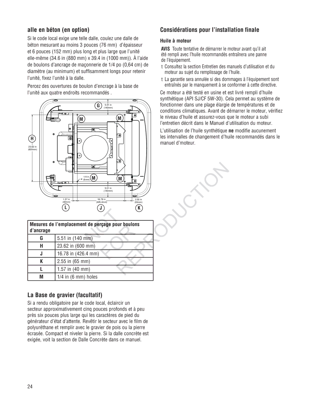 Rheem GEN12AD-V, Generator Systems OT R Eproduction, La Base de gravier facultatif, Huile à moteur, ’ancrage 