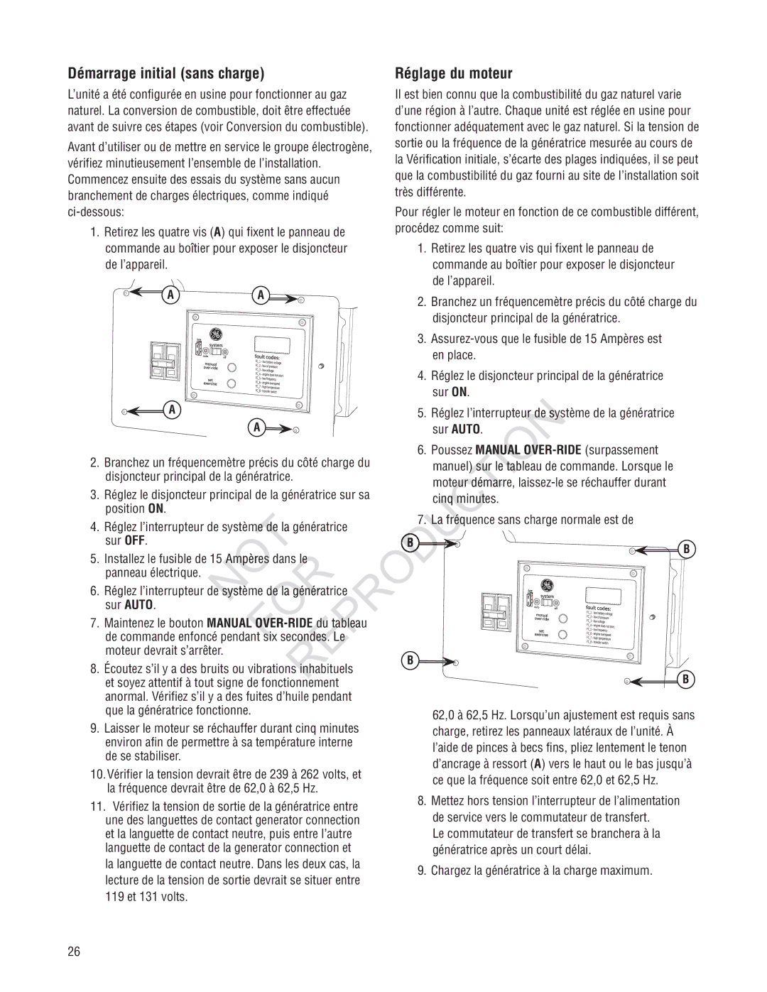 Rheem GEN12AD-V, Generator Systems installation manual Réglage du moteur, Démarrage initial sans charge 