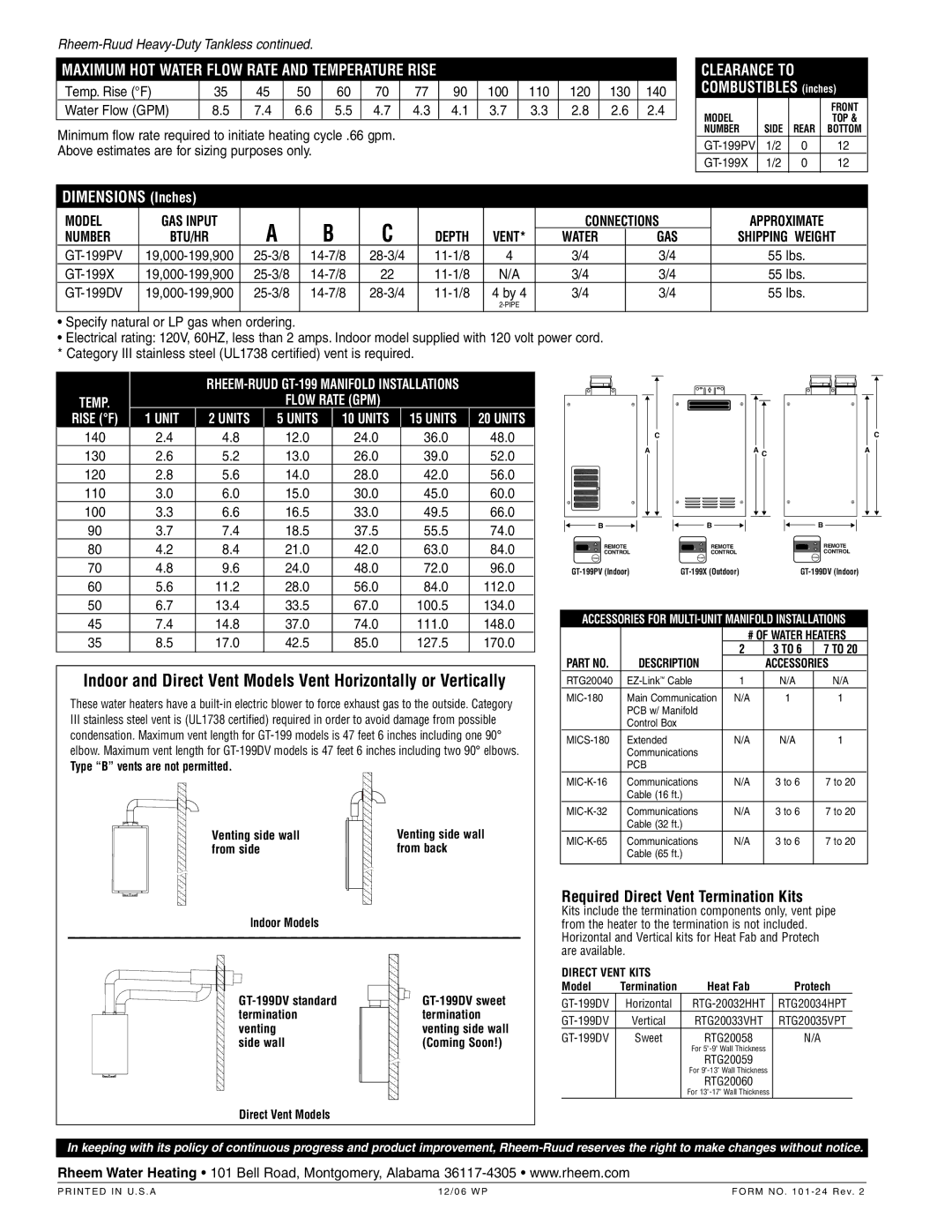 Rheem GT-199DVN-1 GT-199X, 25-3/8 14-7/8, 55 lbs, 24.0, 48.0, 26.0, 52.0, 28.0, 56.0, 30.0, 60.0, 33.0, 66.0, 37.5, 74.0 