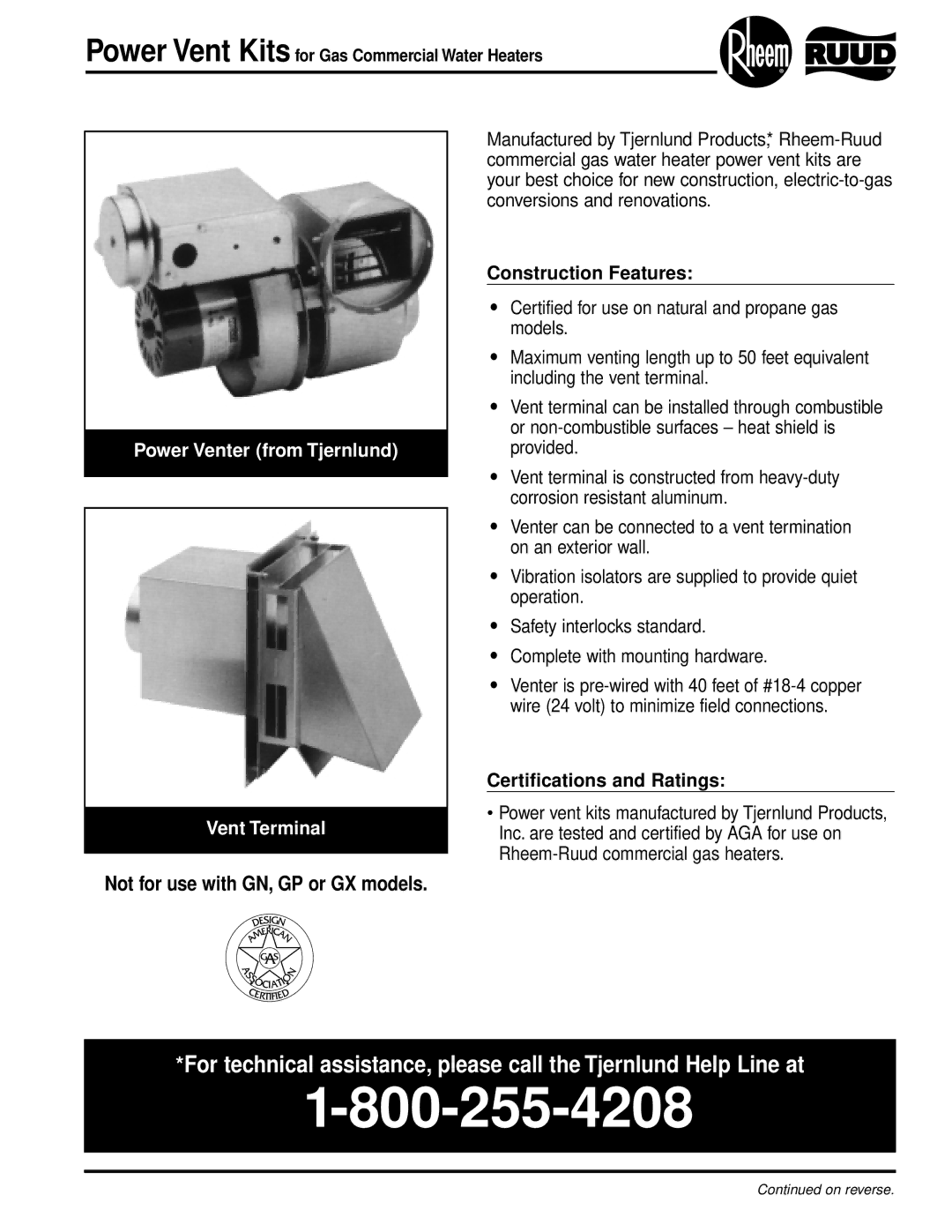 Rheem GN, GX manual Power Venter from Tjernlund Vent Terminal, Construction Features, Certifications and Ratings 