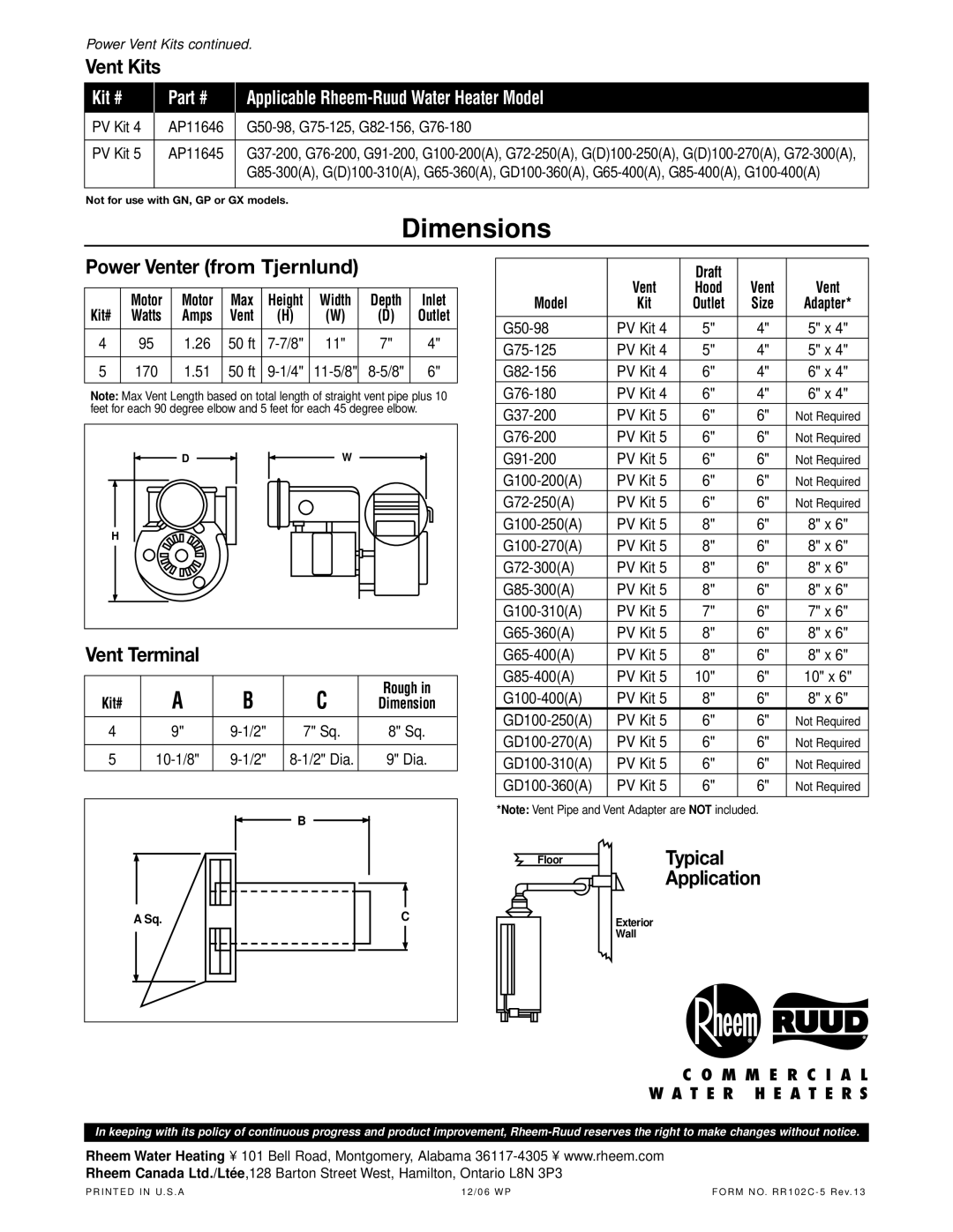 Rheem GX, GN manual Vent Kits, Power Venter from Tjernlund, Vent Terminal, FloorTypical Application 