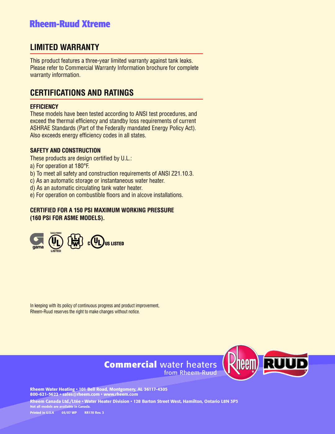 Rheem GX90-500 manual Rheem-Ruud Xtreme, Limited Warranty 