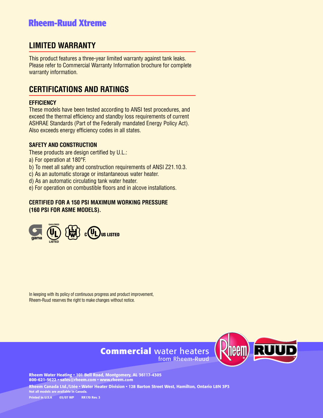 Rheem GX90-500 manual Rheem-Ruud Xtreme, Commercial water heaters, Limited Warranty, Certifications And Ratings, Efficiency 